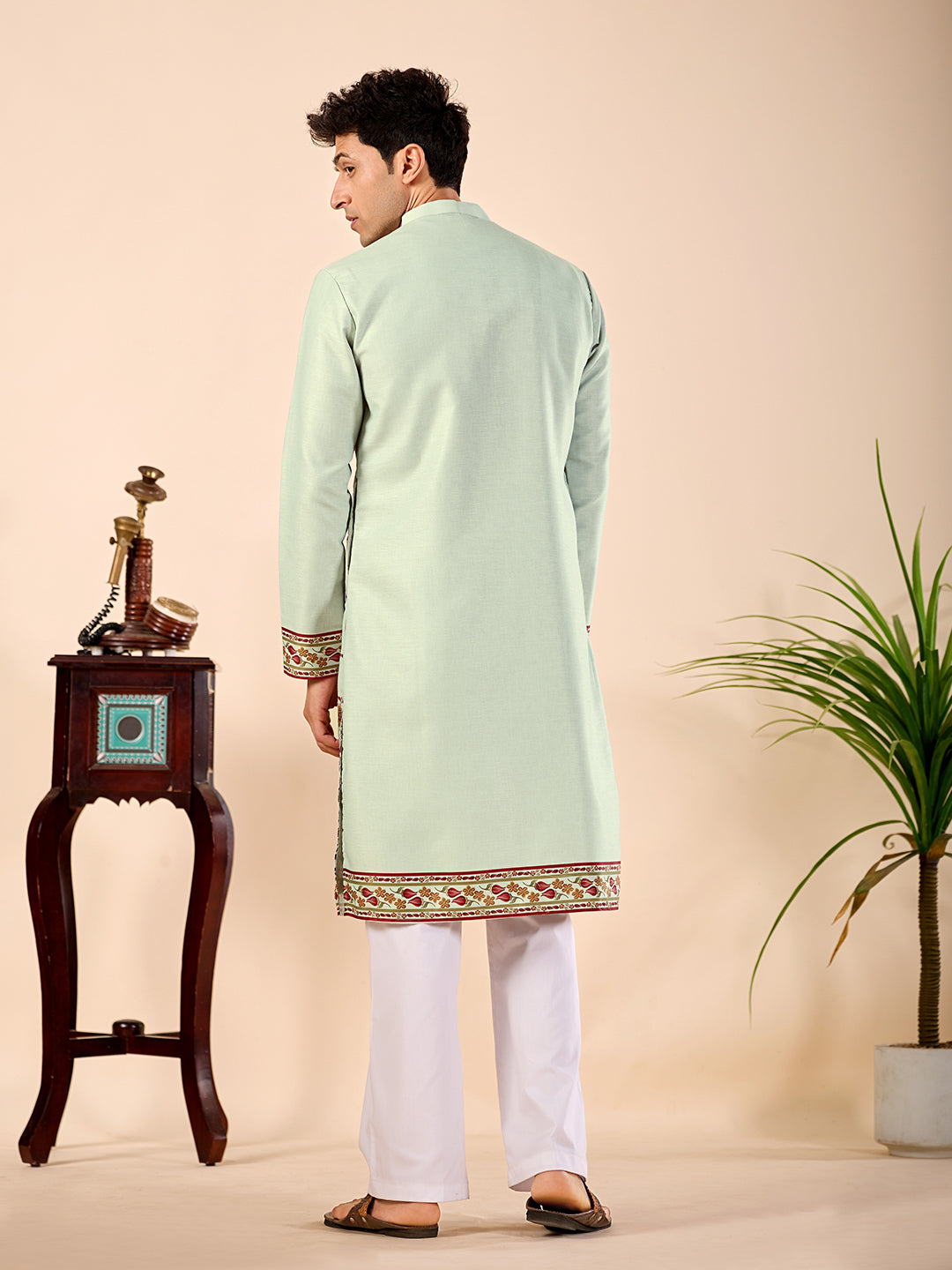 The Shahan Linen Kurta (Mint Green Floral)