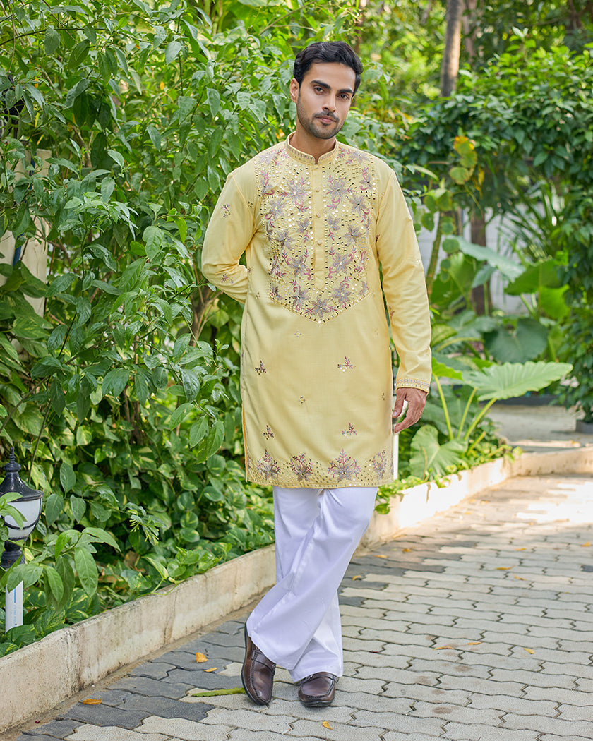 Sunset Radiance Yellow Mirror Embroidered Kurta