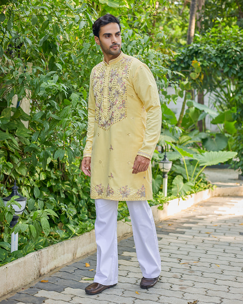 Sunset Radiance Yellow Mirror Embroidered Kurta