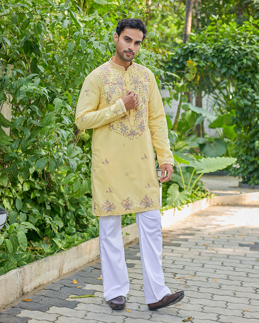 Sunset Radiance Yellow Mirror Embroidered Kurta