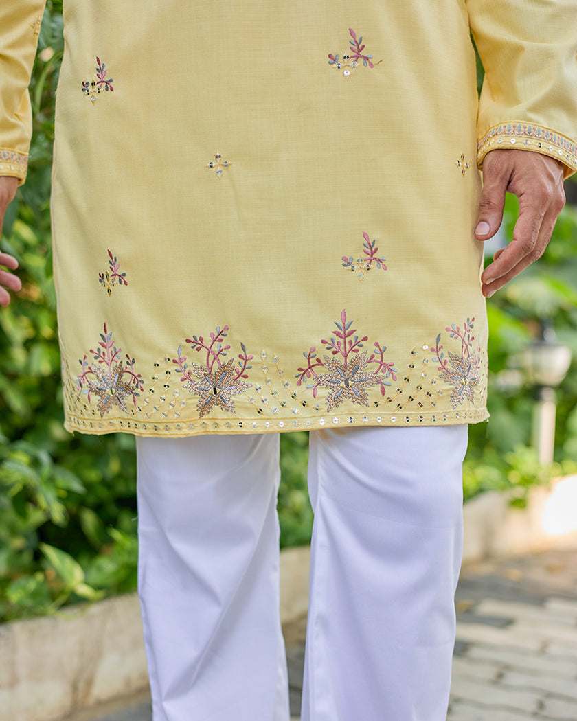 Sunset Radiance Yellow Mirror Embroidered Kurta