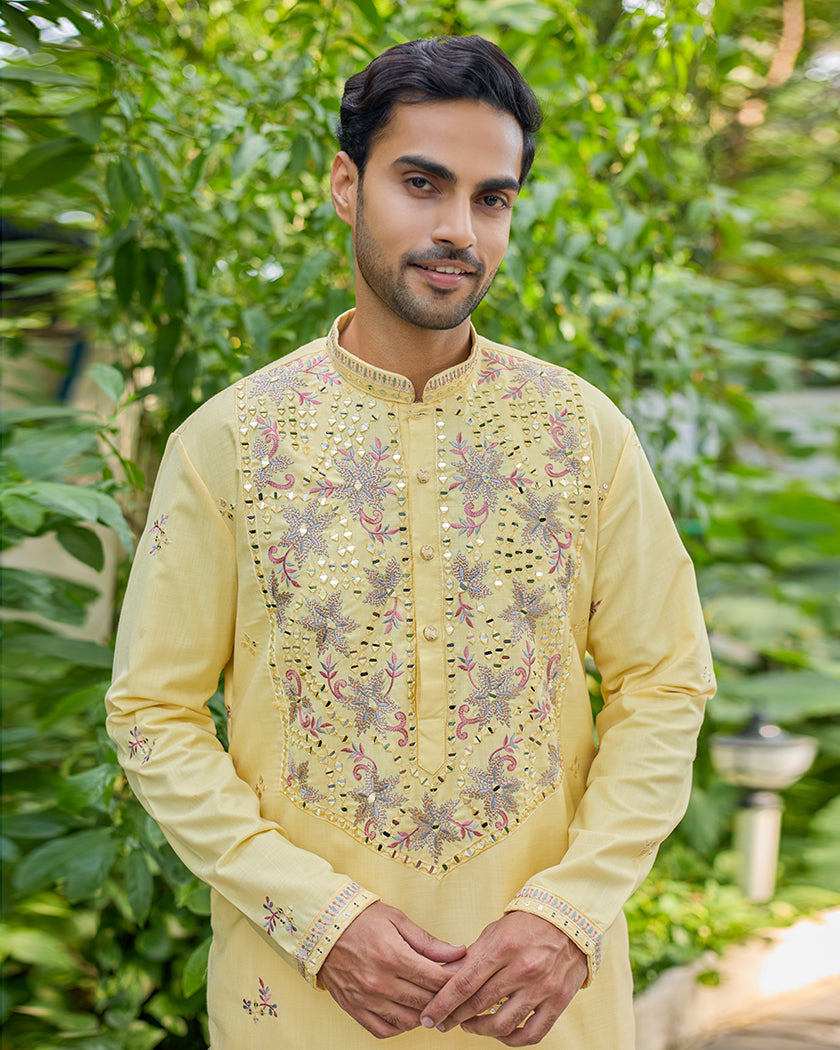 Sunset Radiance Yellow Mirror Embroidered Kurta