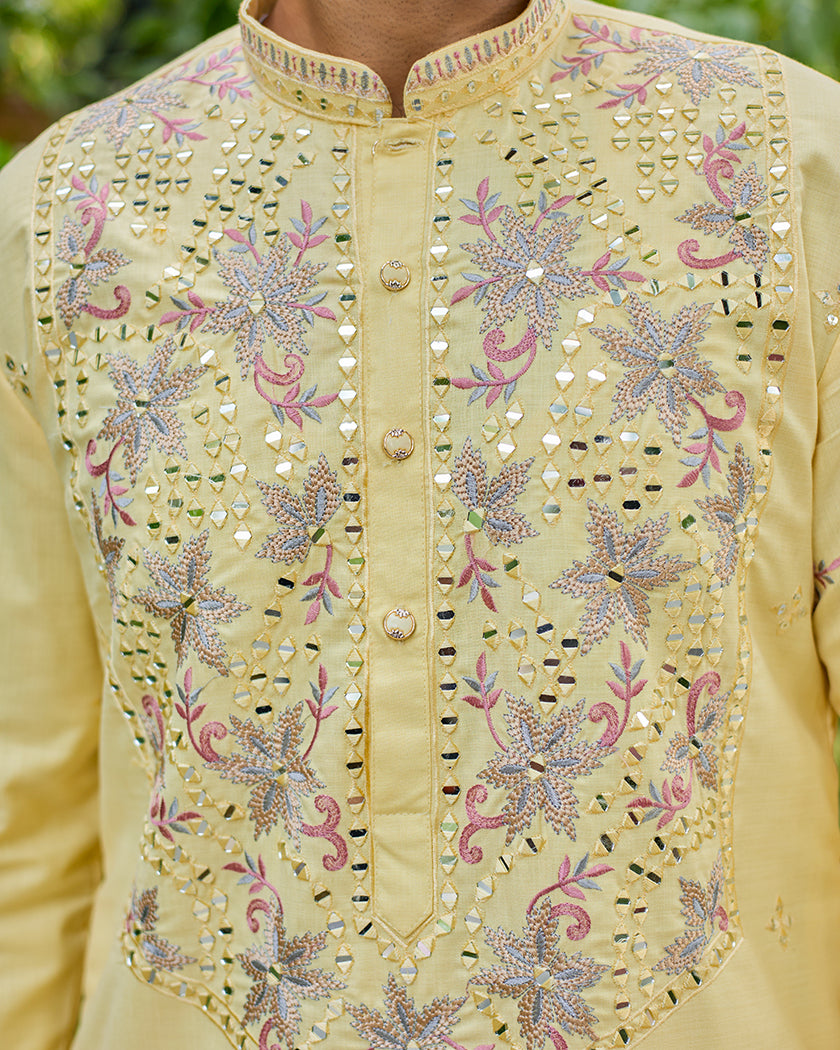 Sunset Radiance Yellow Mirror Embroidered Kurta