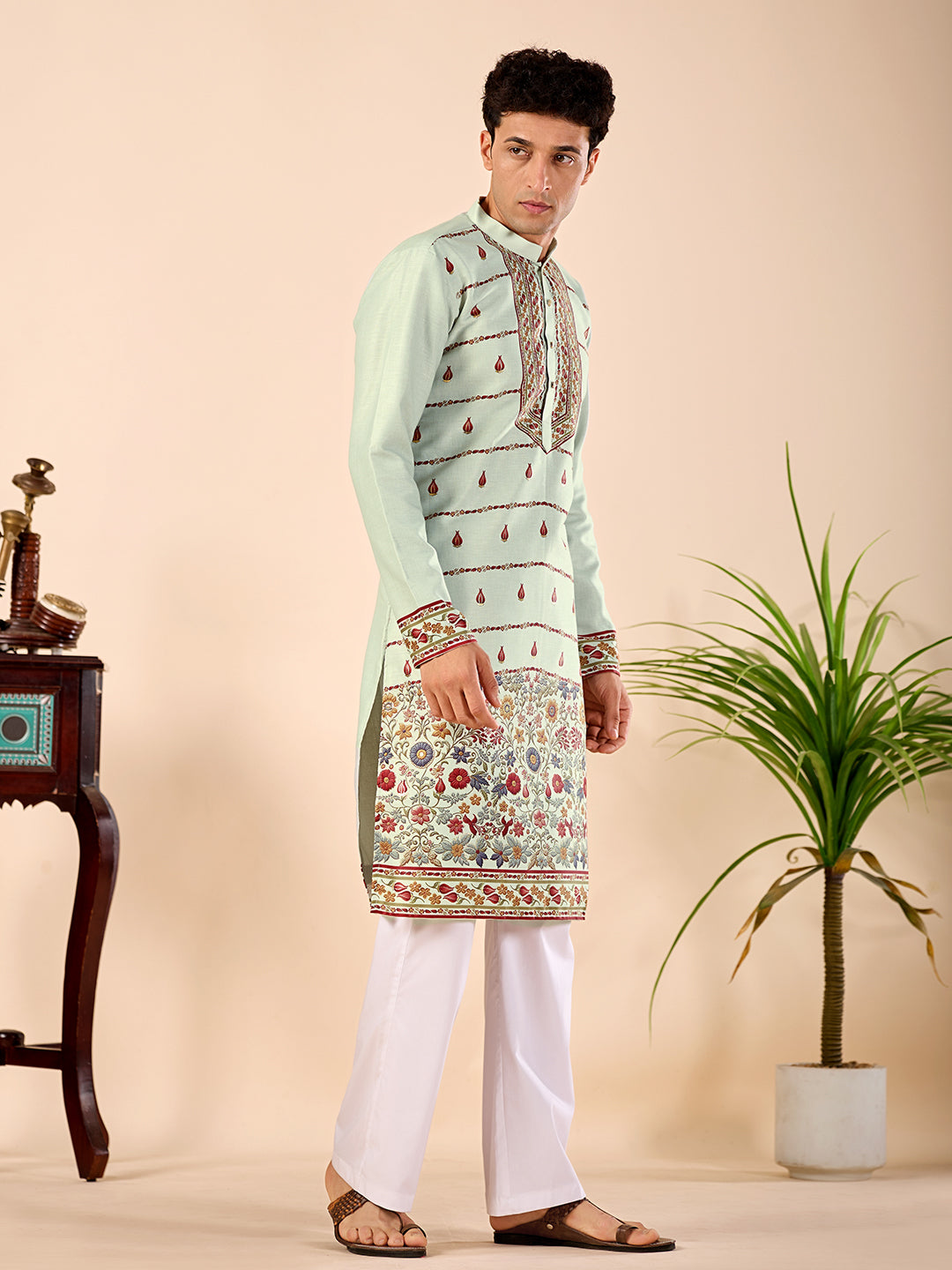 The Shahan Linen Kurta (Mint Green Floral)