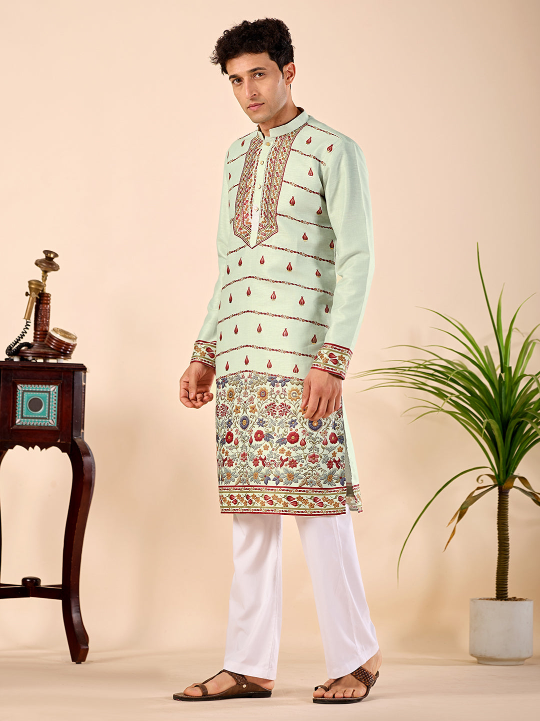 The Shahan Linen Kurta (Mint Green Floral)