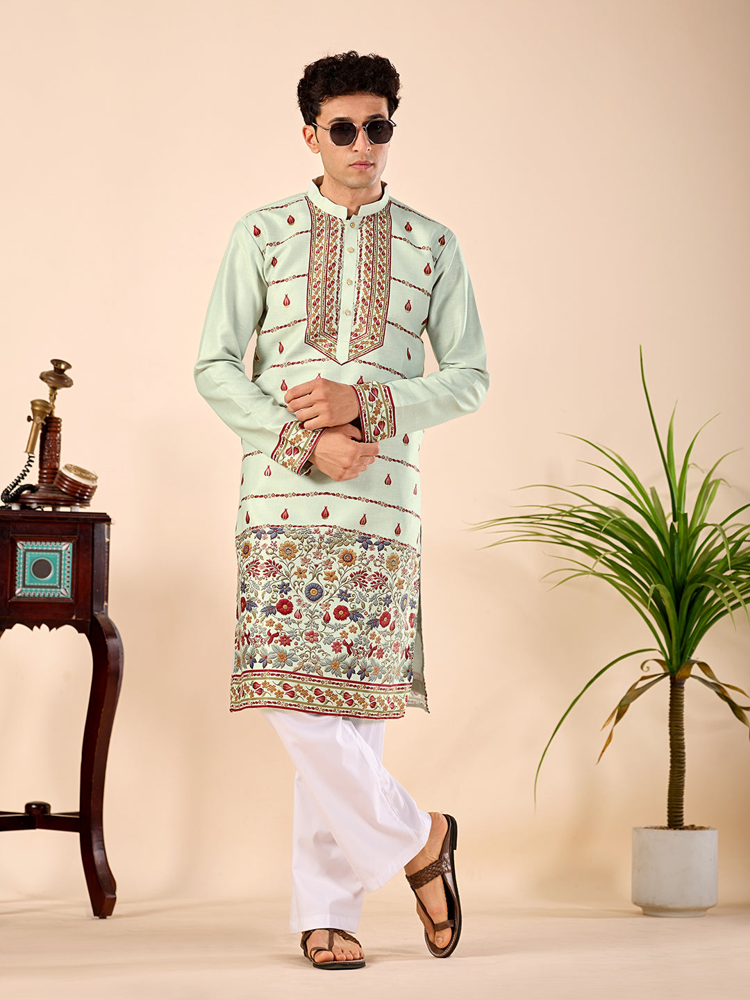 The Shahan Linen Kurta (Mint Green Floral)