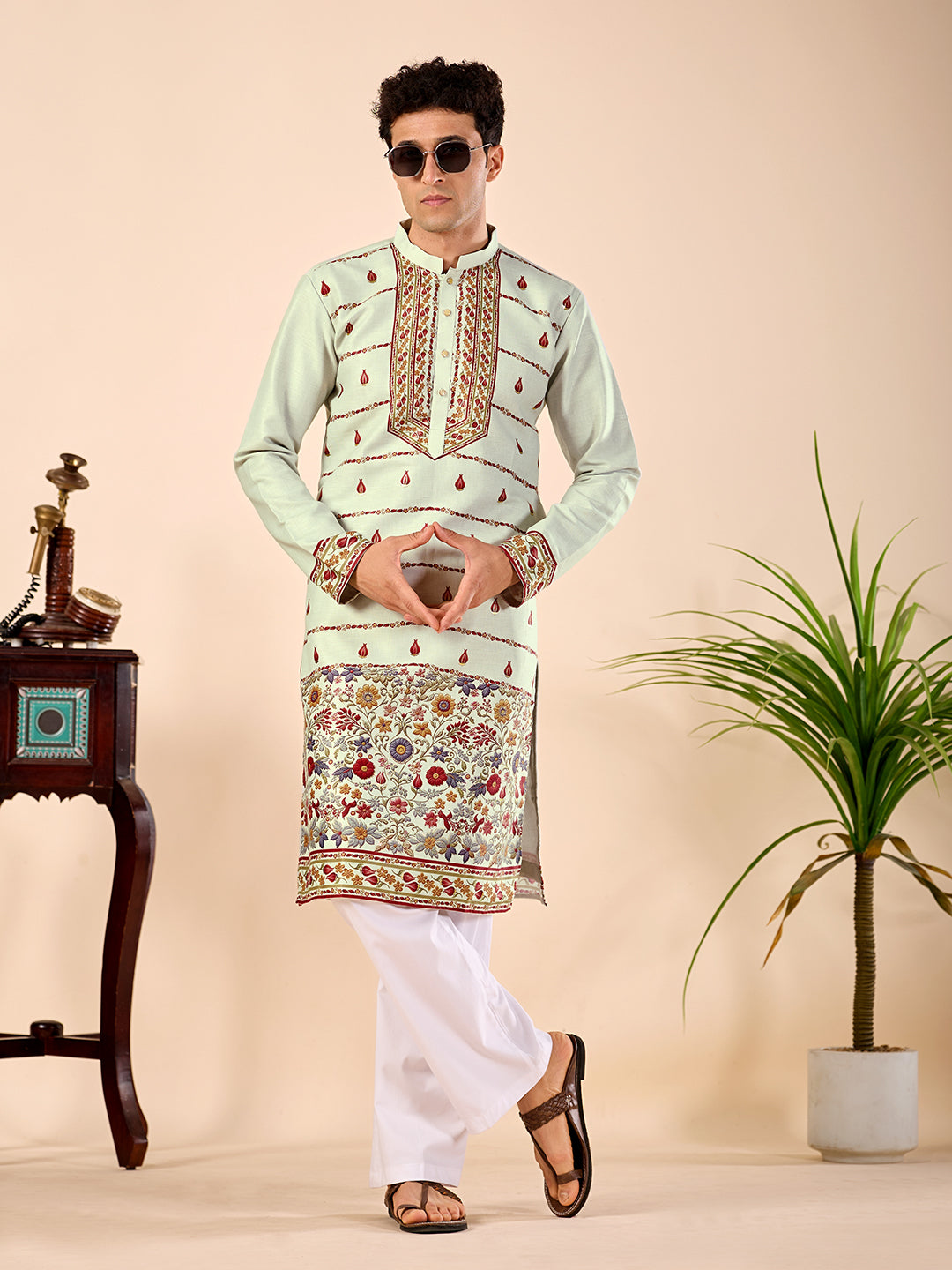 The Shahan Linen Kurta (Mint Green Floral)