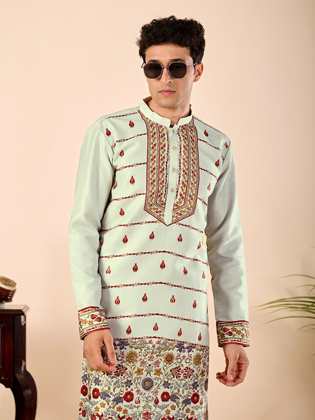The Shahan Linen Kurta (Mint Green Floral)