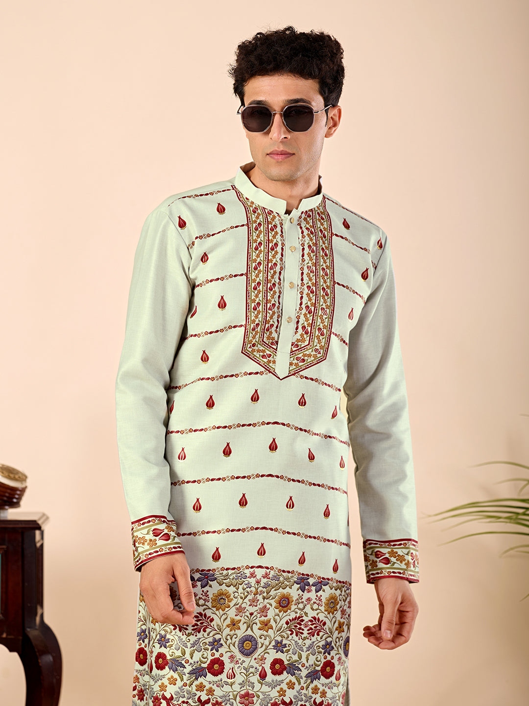 The Shahan Linen Kurta (Mint Green Floral)