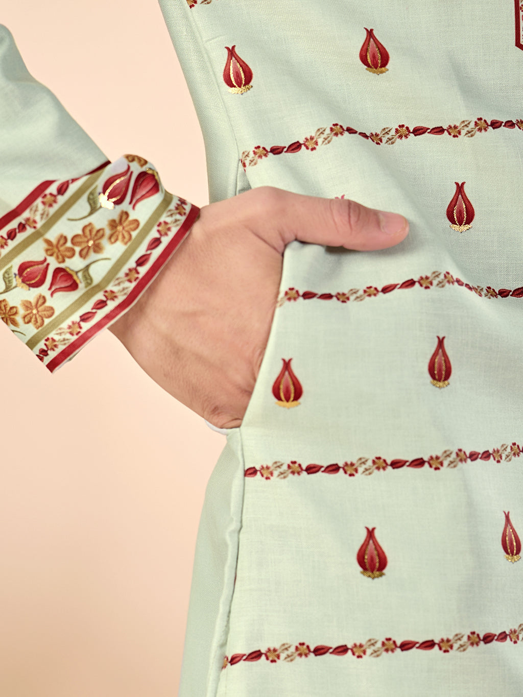 The Shahan Linen Kurta (Mint Green Floral)