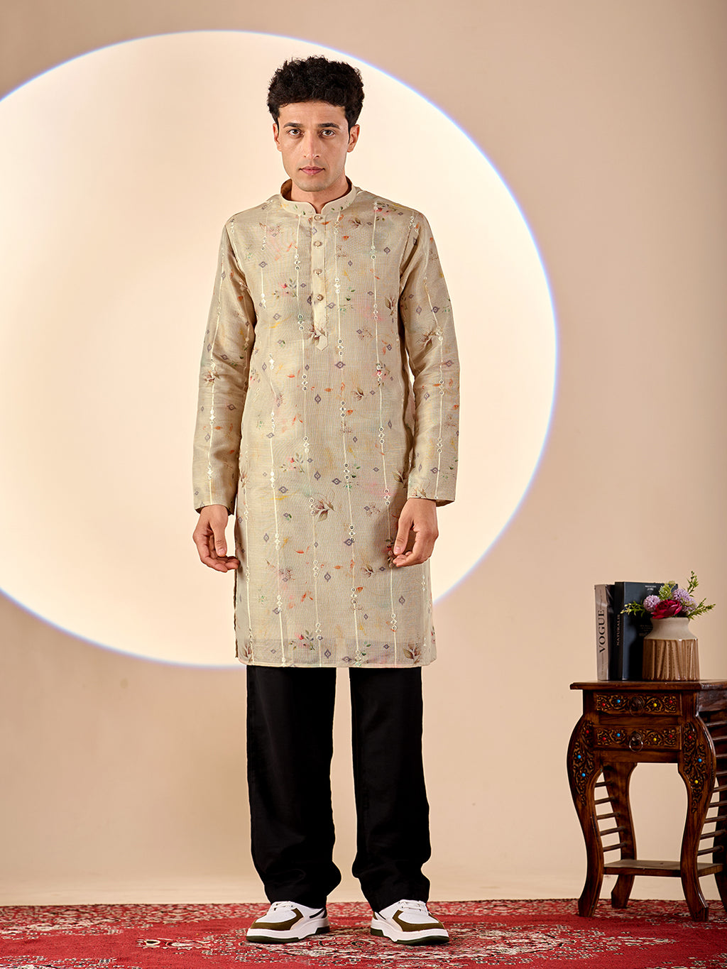 Cream Print Casual Kurta