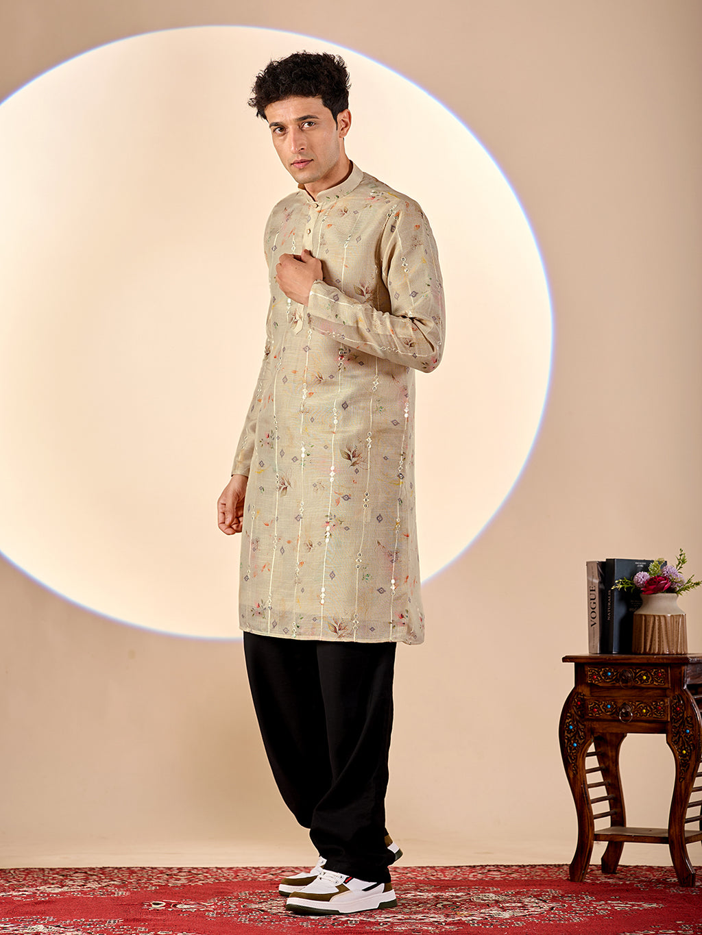 Cream Print Casual Kurta