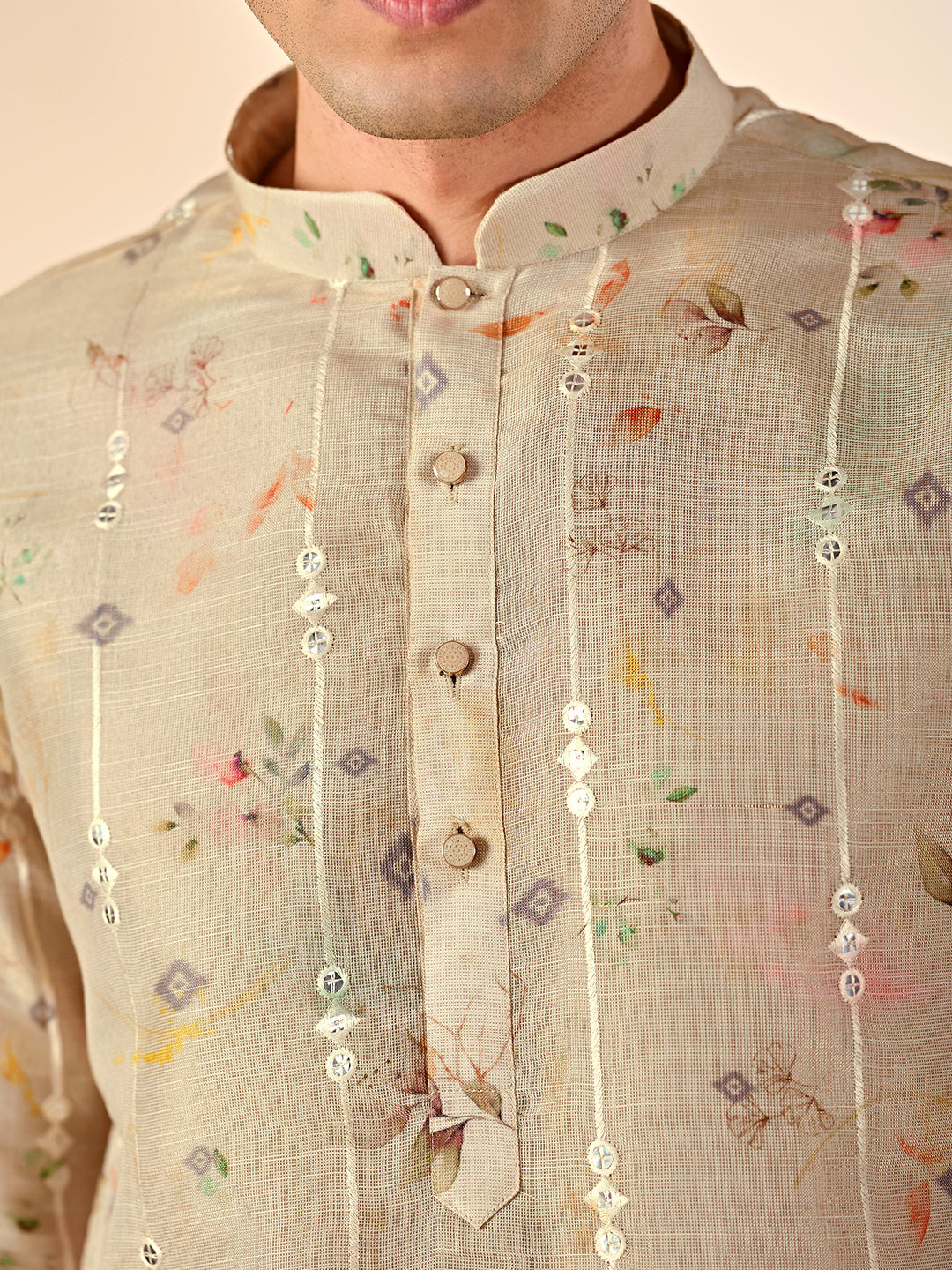 Cream Print Casual Kurta