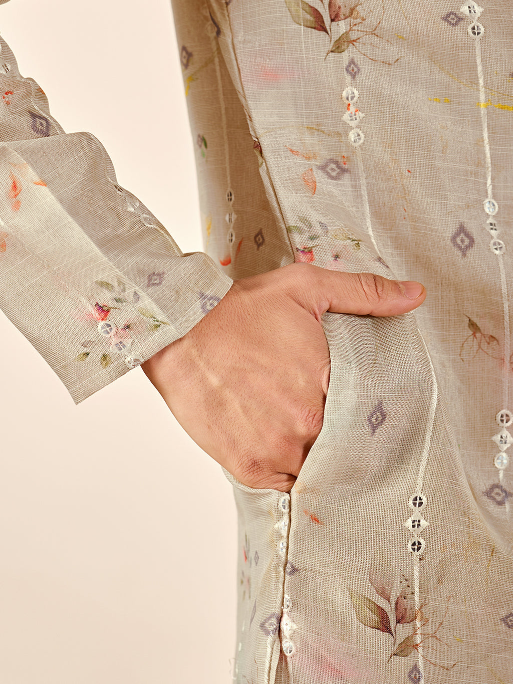 Cream Print Casual Kurta