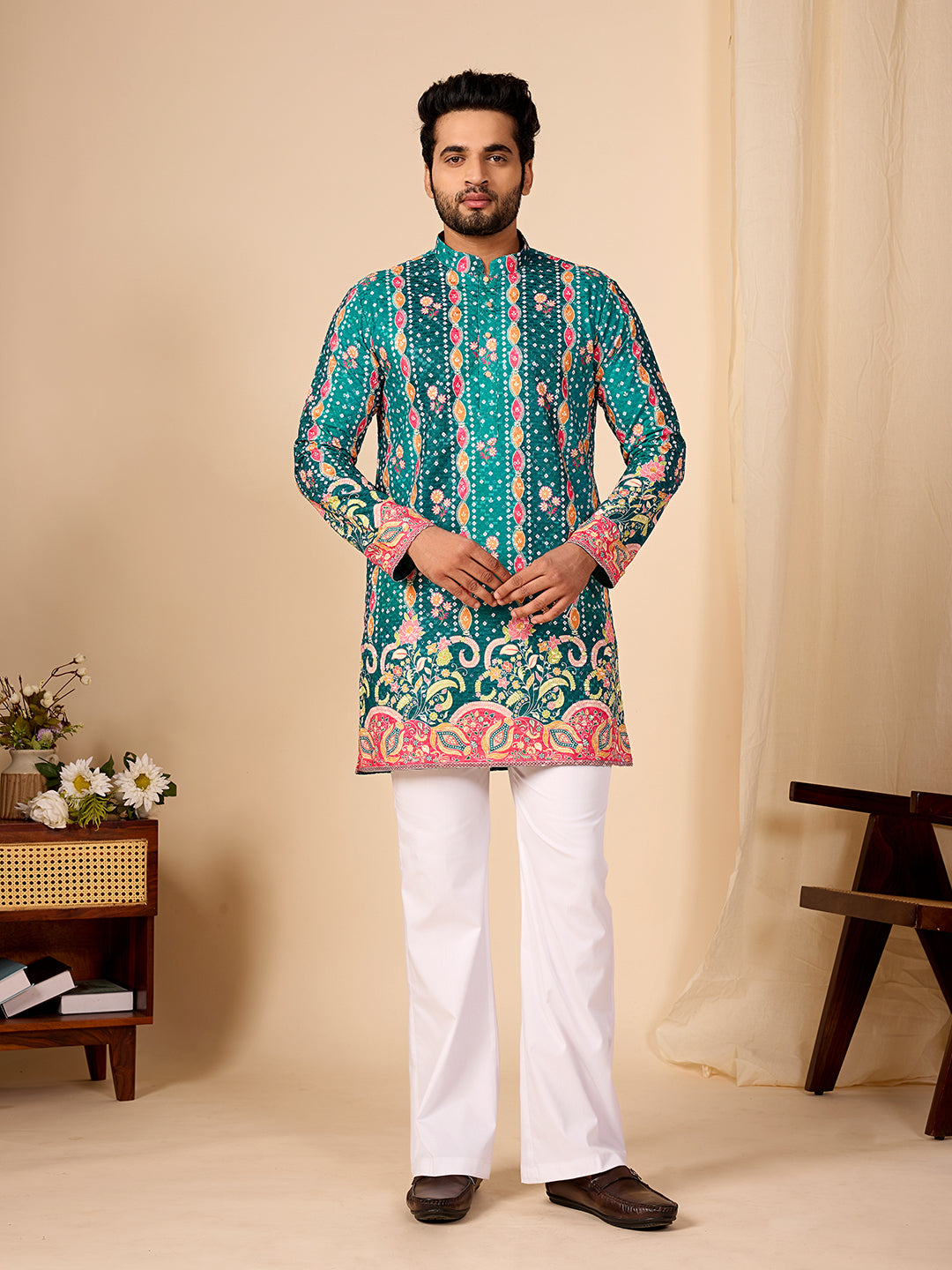 Rang Mahal Emerald Green Printed Kurta Pant set.