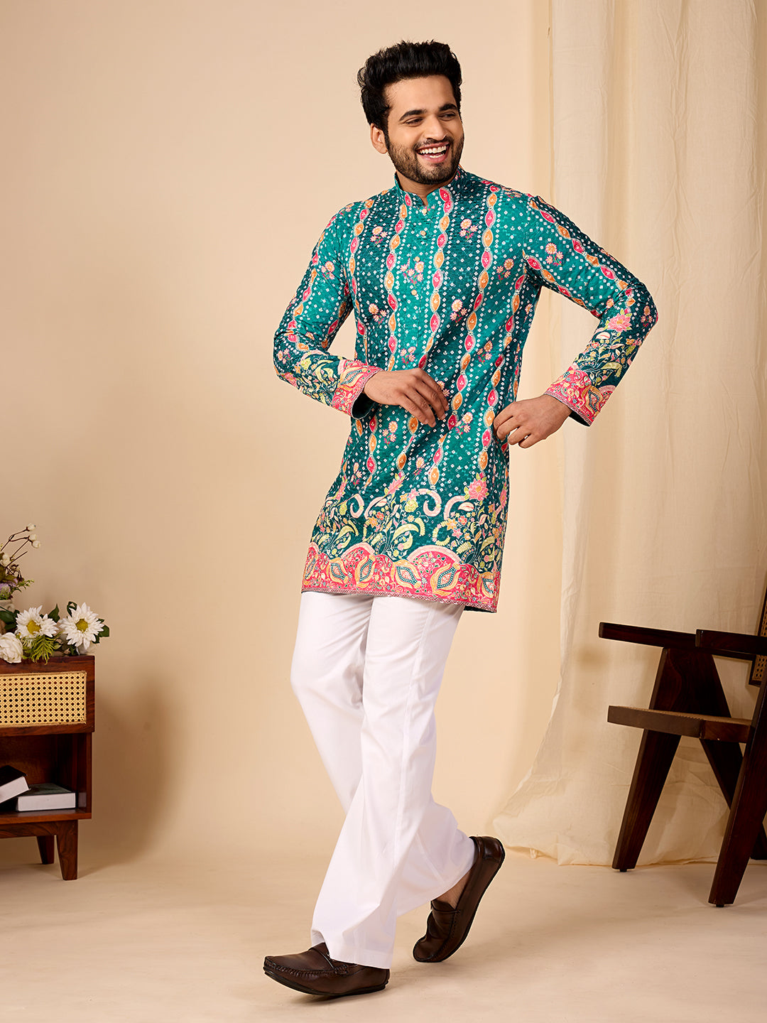 Rang Mahal Emerald Green Printed Kurta Pant set.