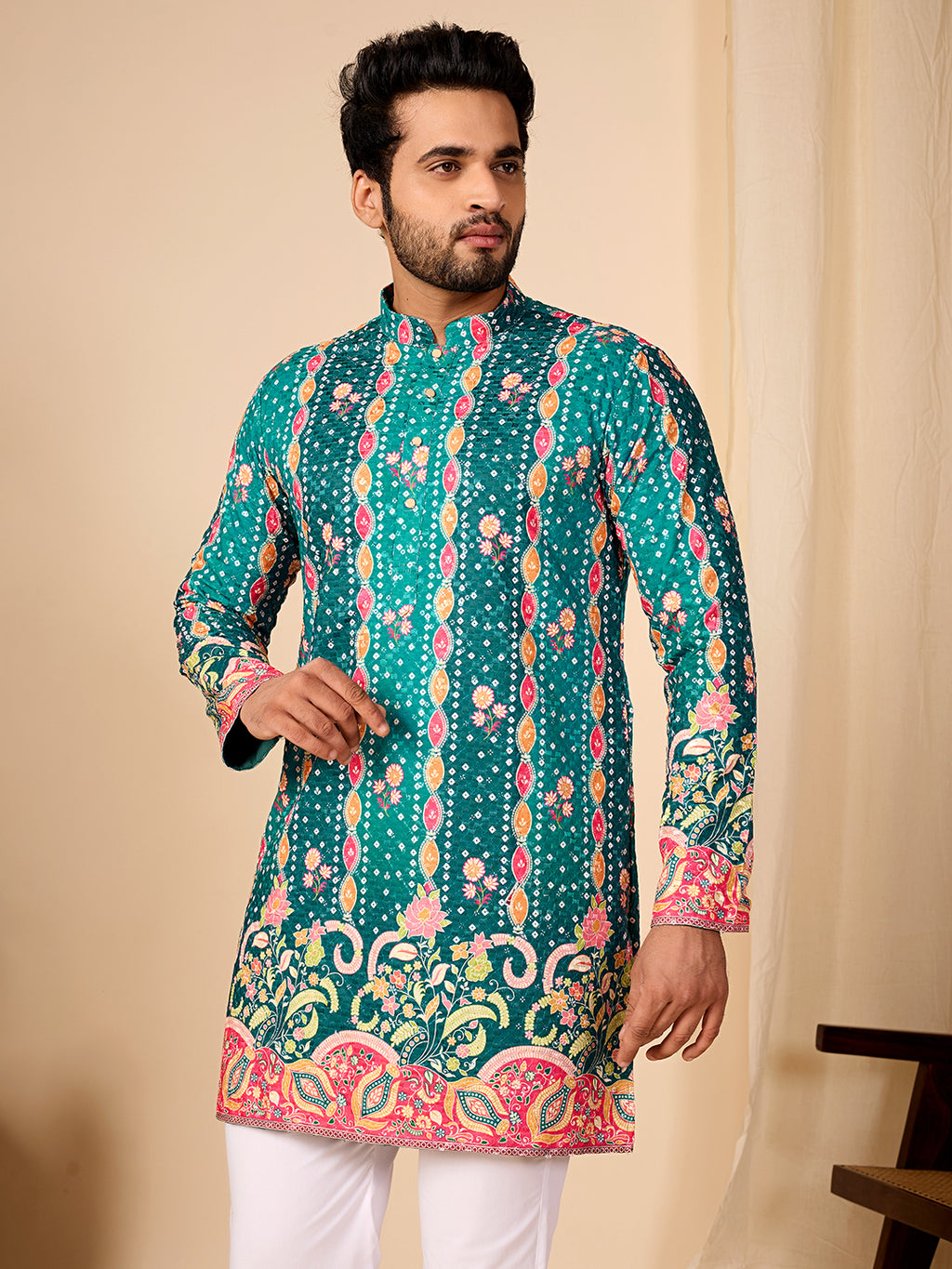Rang Mahal Emerald Green Printed Kurta Pant set.