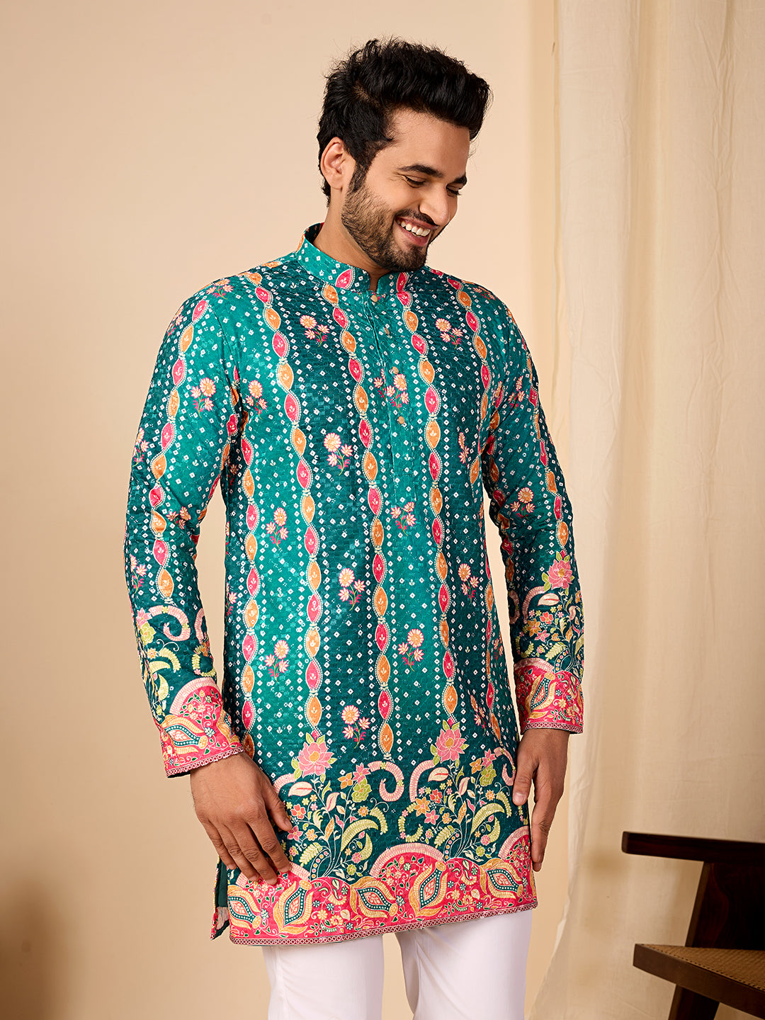 Rang Mahal Emerald Green Printed Kurta Pant set.