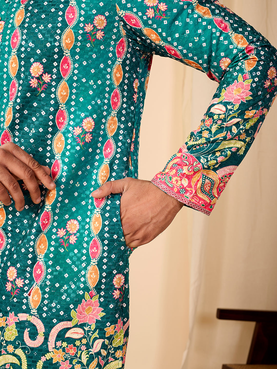 Rang Mahal Emerald Green Printed Kurta Pant set.