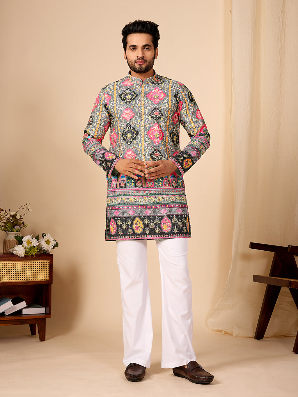 Rang Mahal Grey Printed Kurta Pant set.