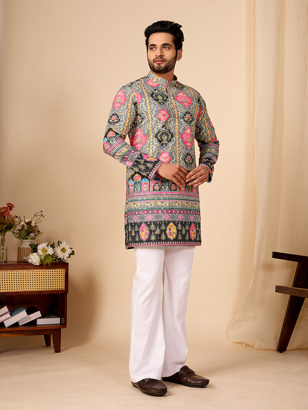 Rang Mahal Grey Printed Kurta Pant set.