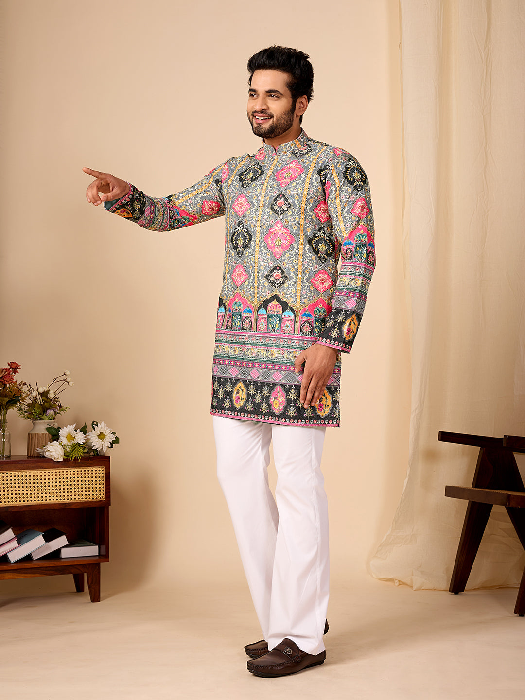 Rang Mahal Grey Printed Kurta Pant set.