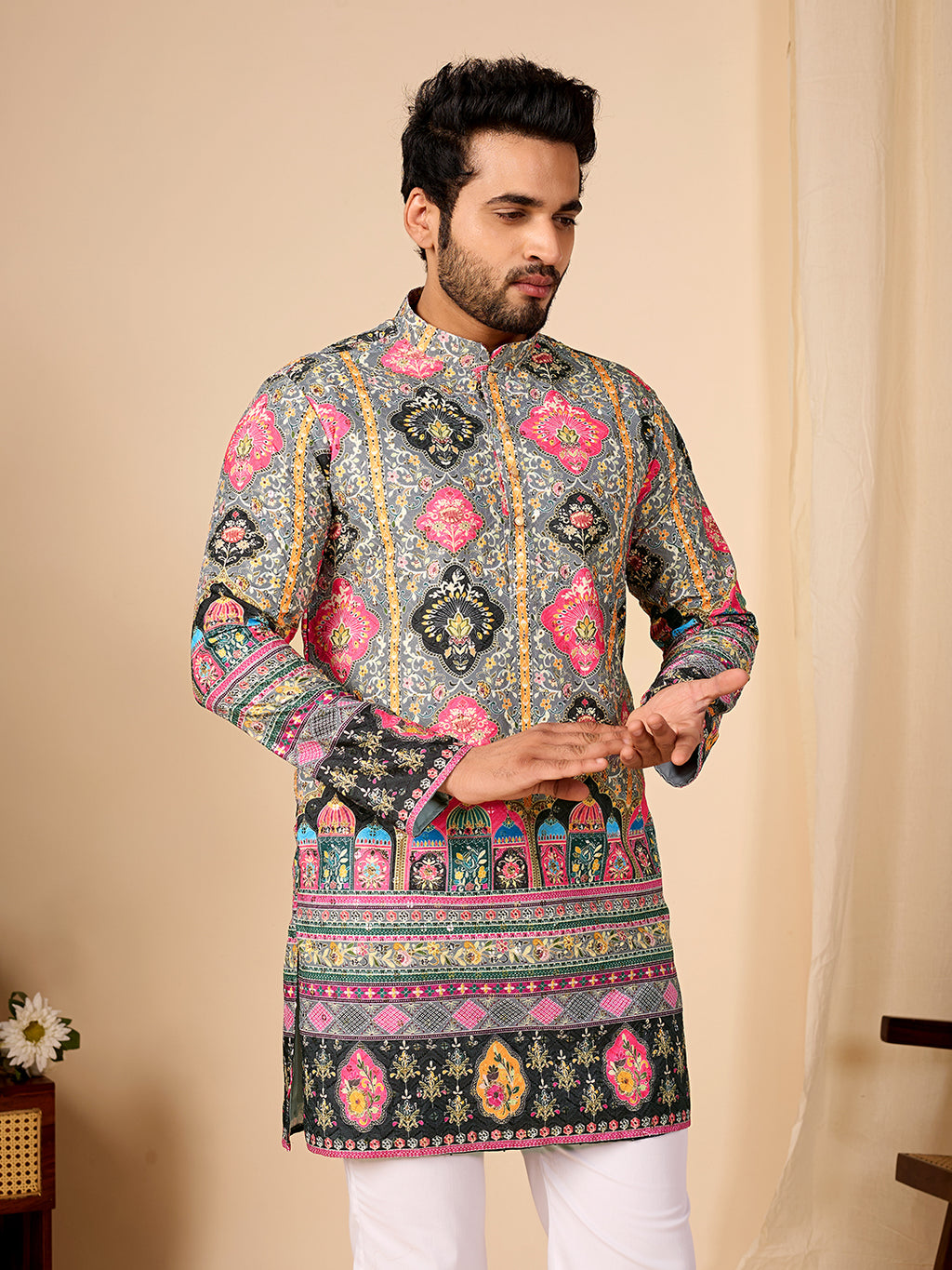 Rang Mahal Grey Printed Kurta Pant set.