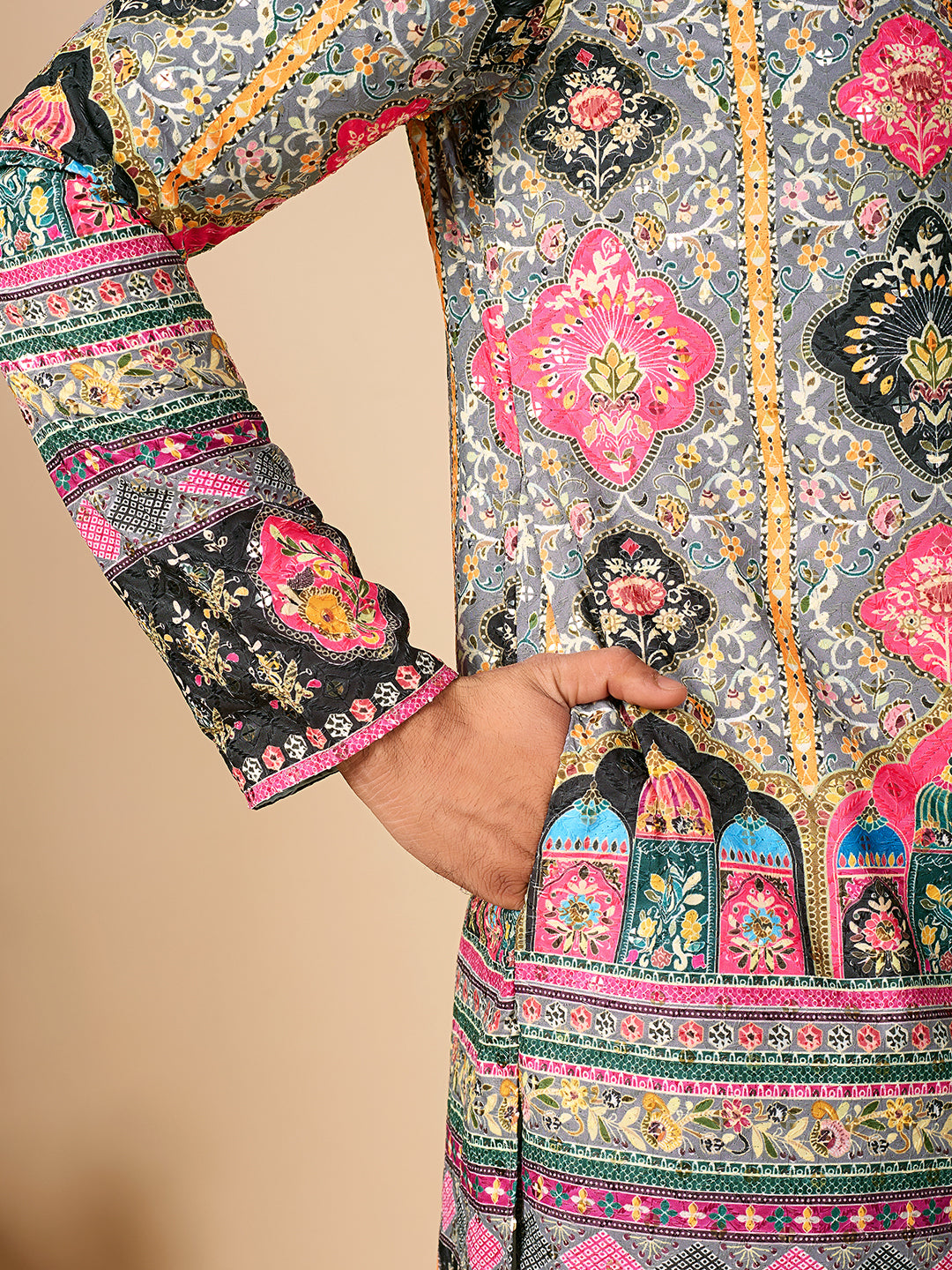 Rang Mahal Grey Printed Kurta Pant set.