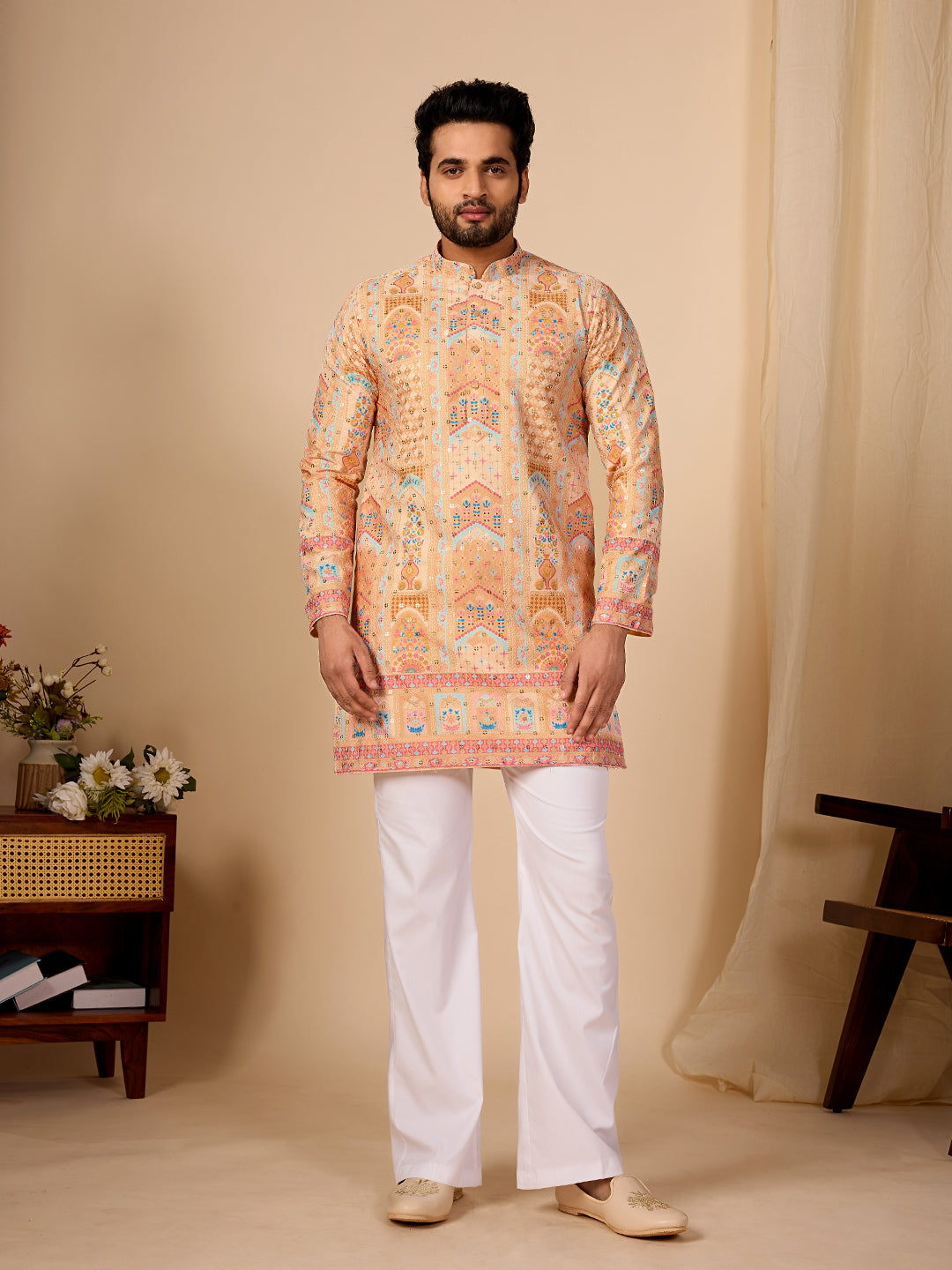 Rang Mahal Yellow Printed Kurta Pant set.