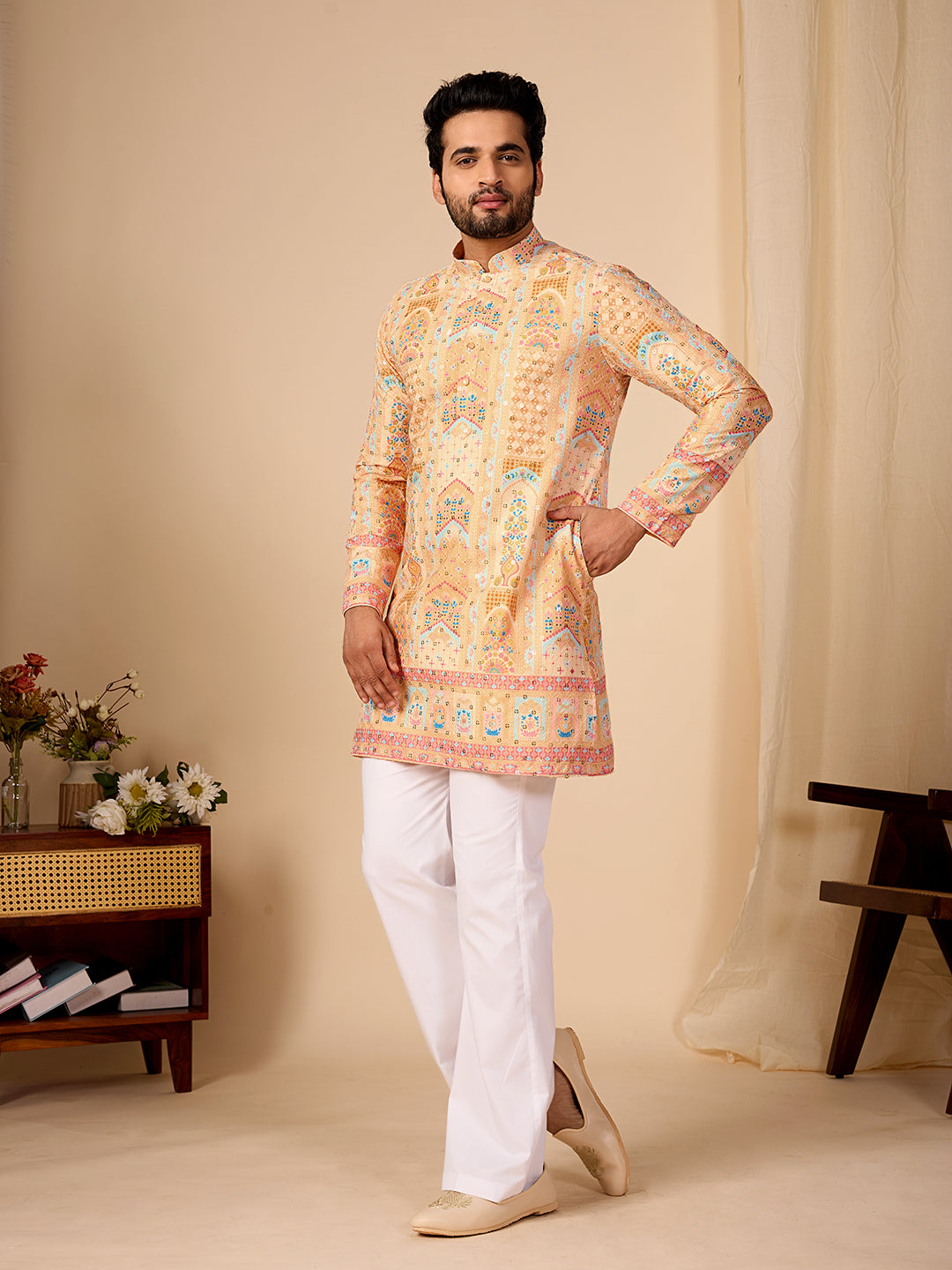 Rang Mahal Yellow Printed Kurta Pant set.