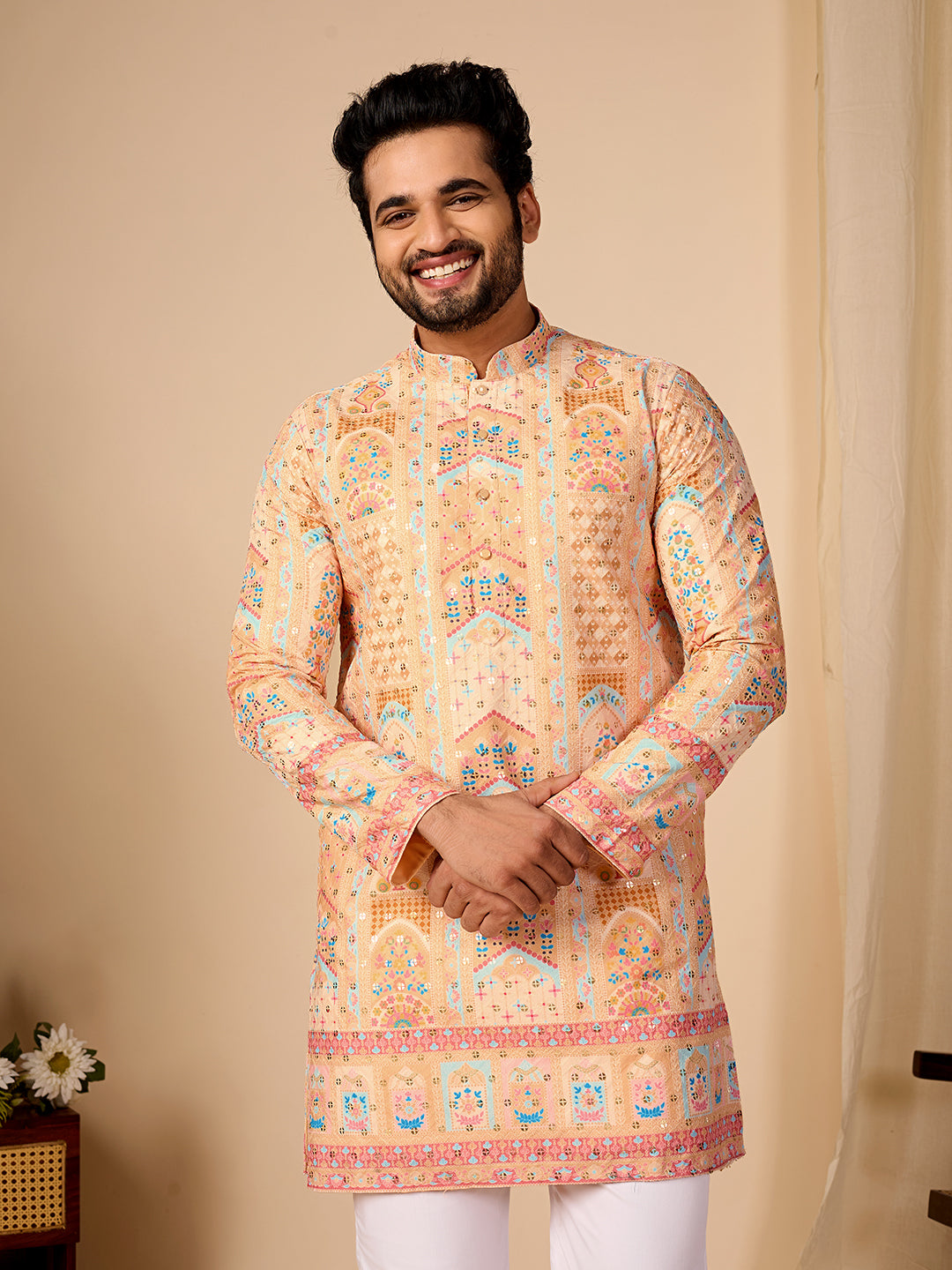 Rang Mahal Yellow Printed Kurta Pant set.