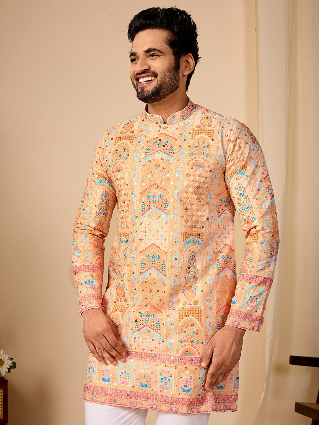 Rang Mahal Yellow Printed Kurta Pant set.