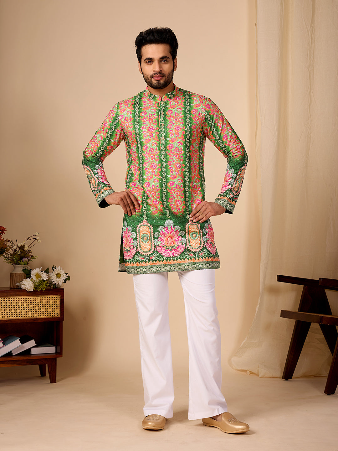 Rang Mahal Green Printed Kurta Pant set.