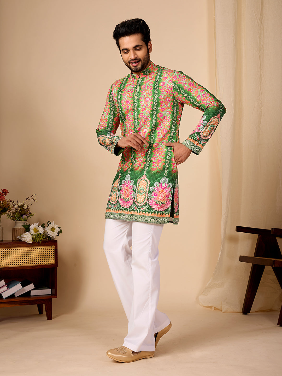 Rang Mahal Green Printed Kurta Pant set.