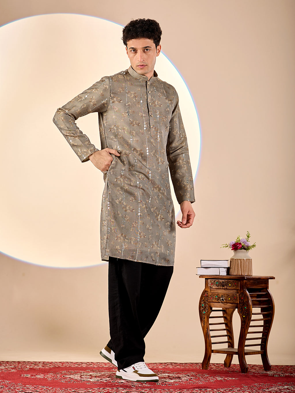 Grey Floral Casual Kurta