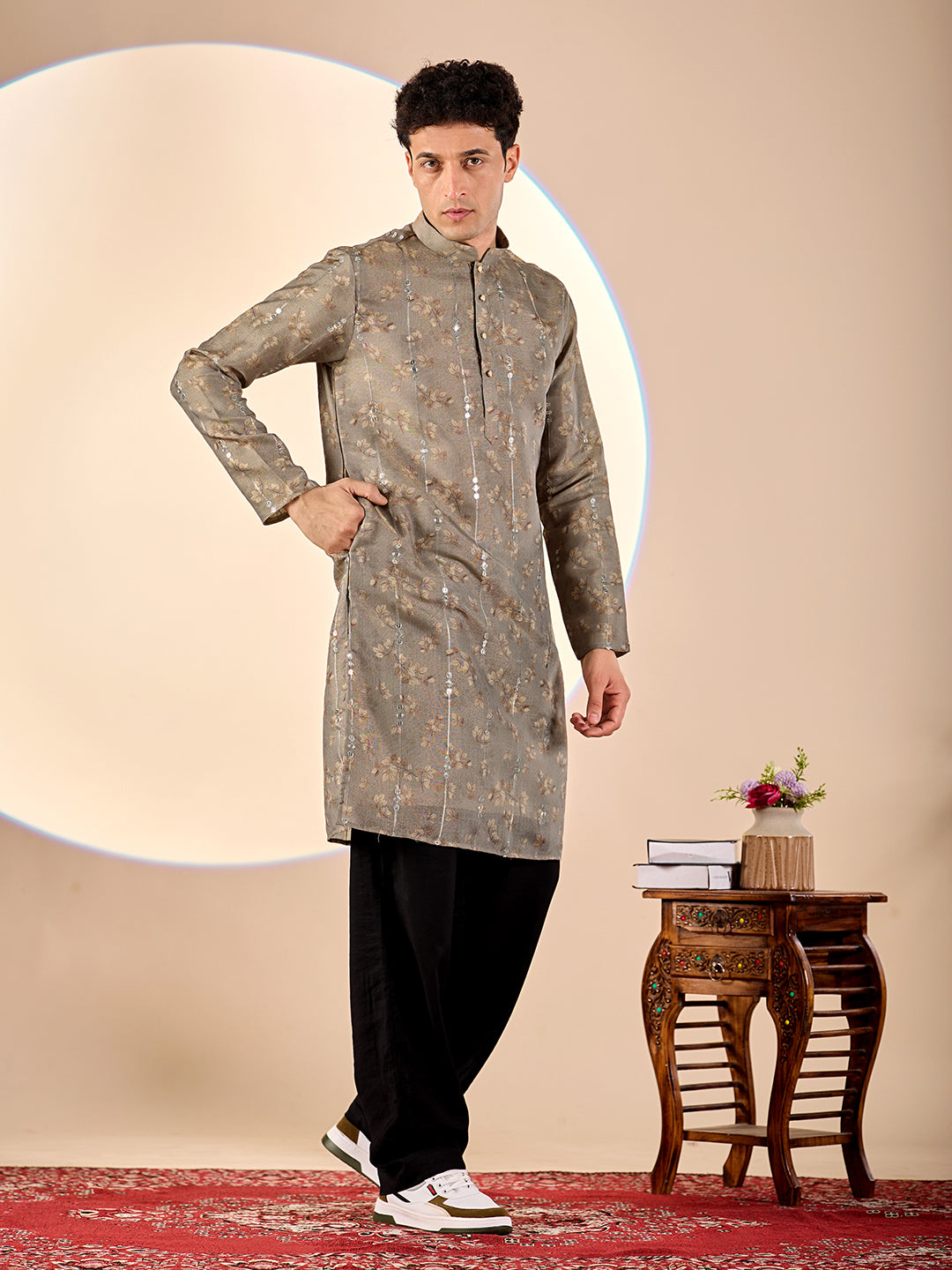 Grey Floral Casual Kurta