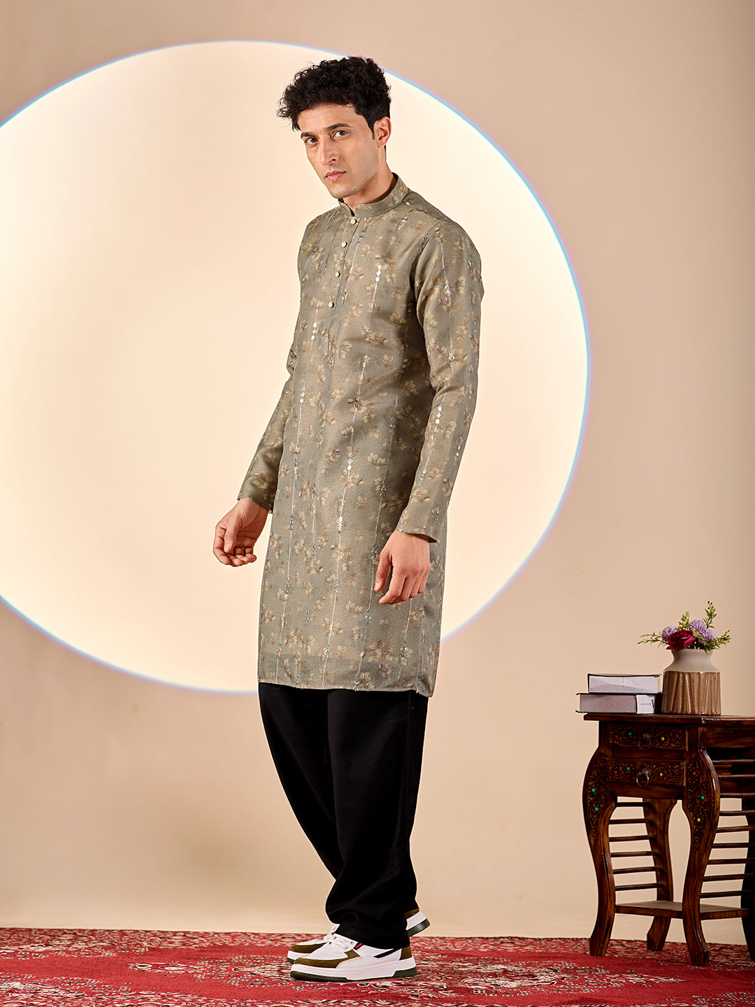 Grey Floral Casual Kurta