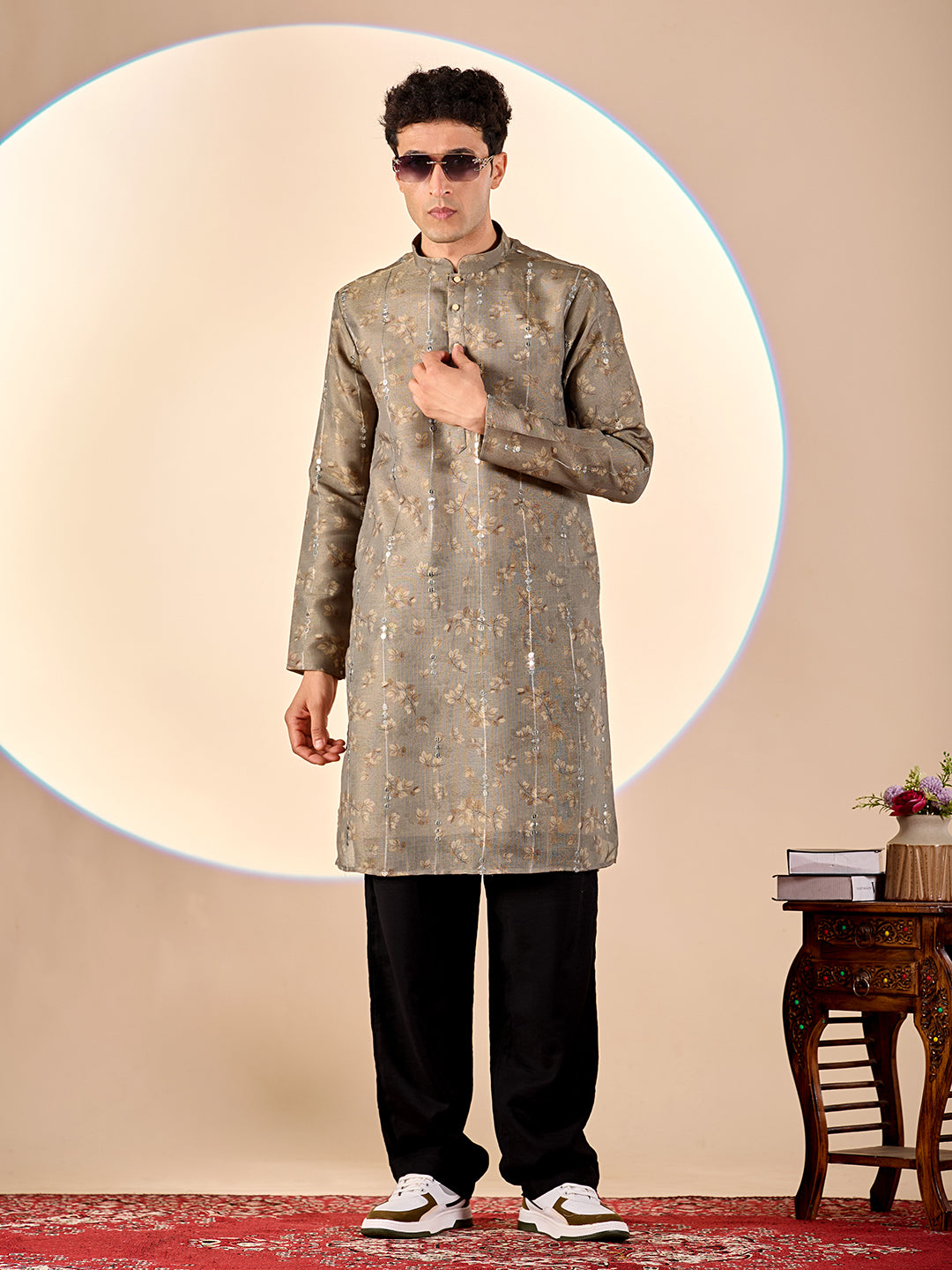Grey Floral Casual Kurta