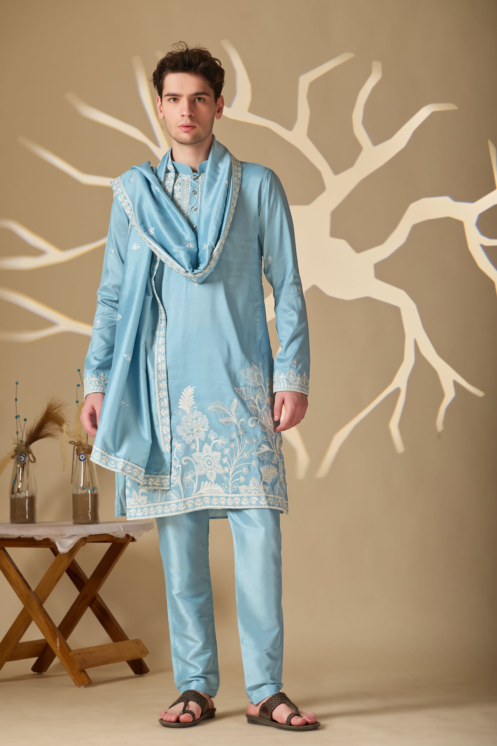 Pastel Blue Embroidered Kurta With Dupatta Pant Set.