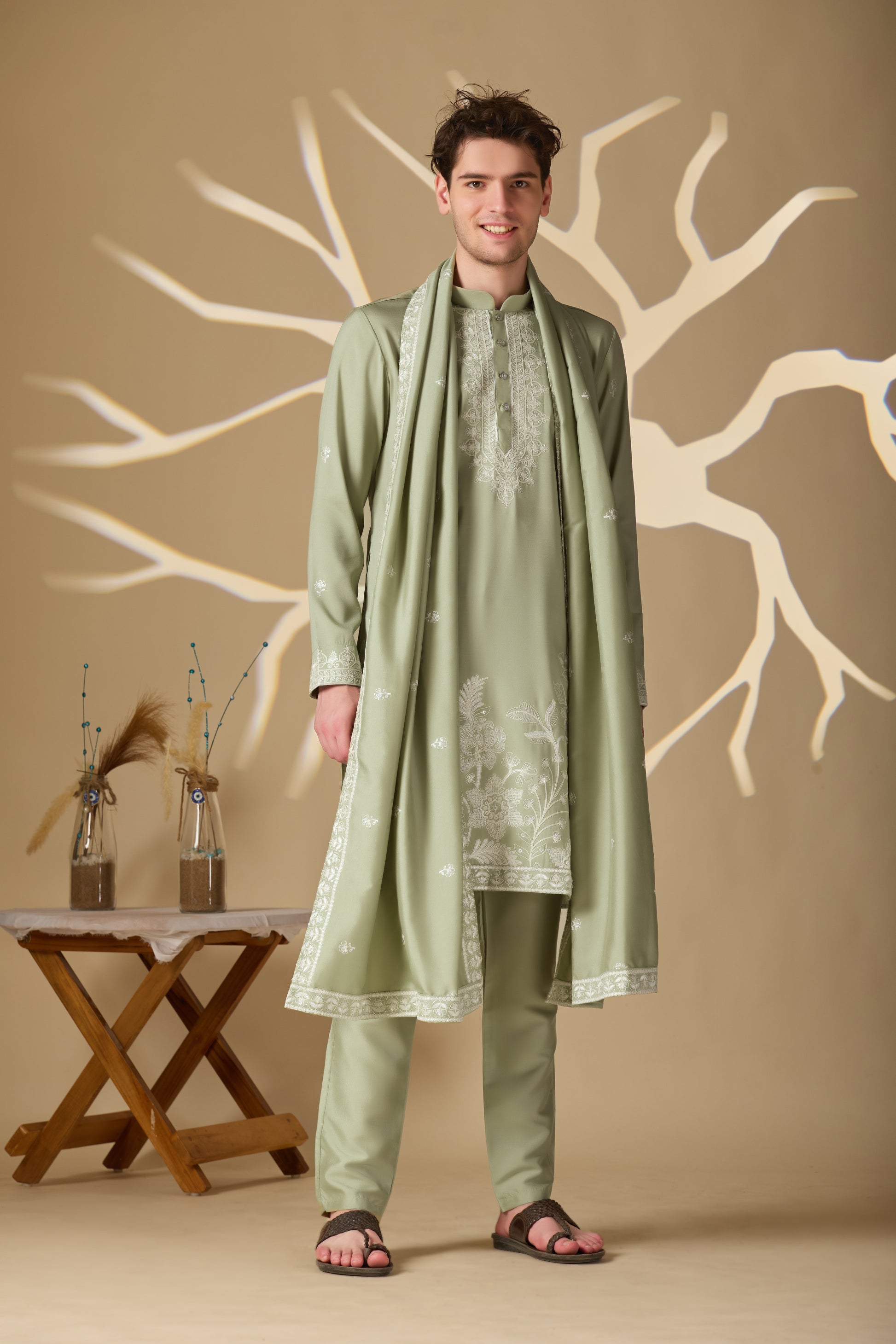 Pastel Mehendi Embroidered Kurta With Dupatta Pant Set.