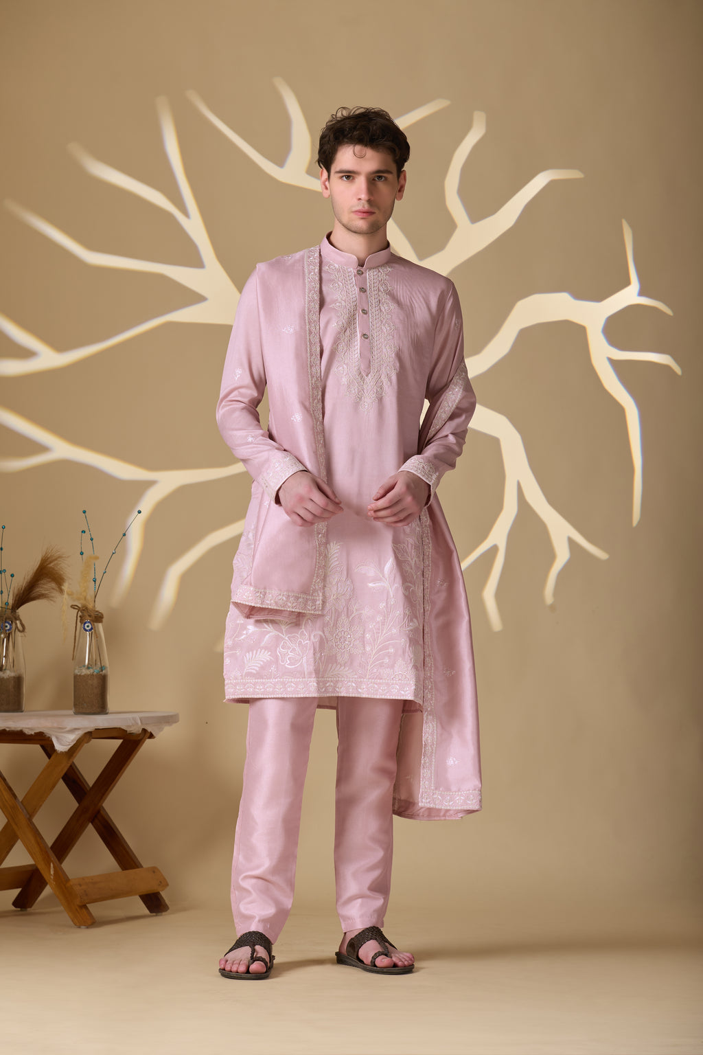 Pastel Pink Embroidered Kurta With Dupatta Pant Set.
