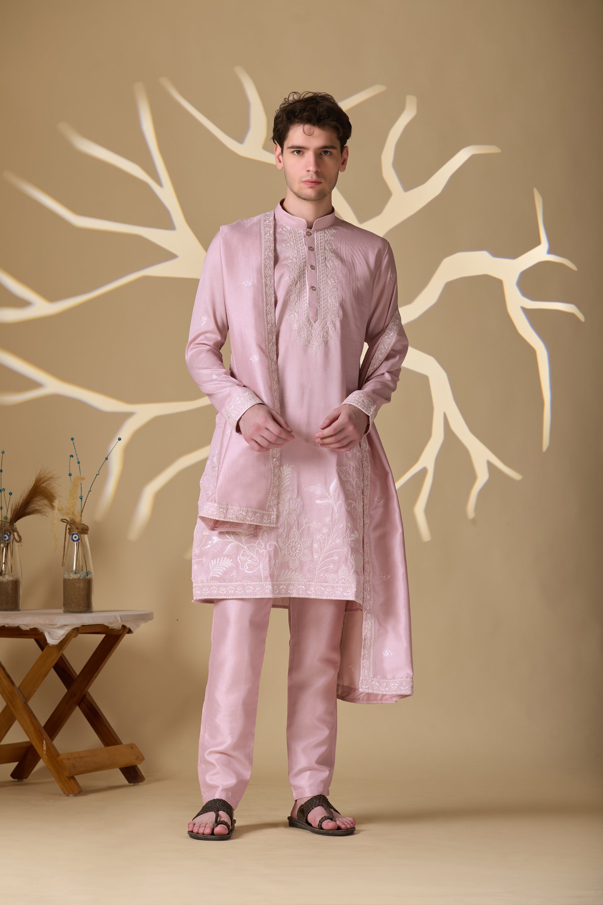 Pastel Pink Embroidered Kurta With Dupatta Pant Set.