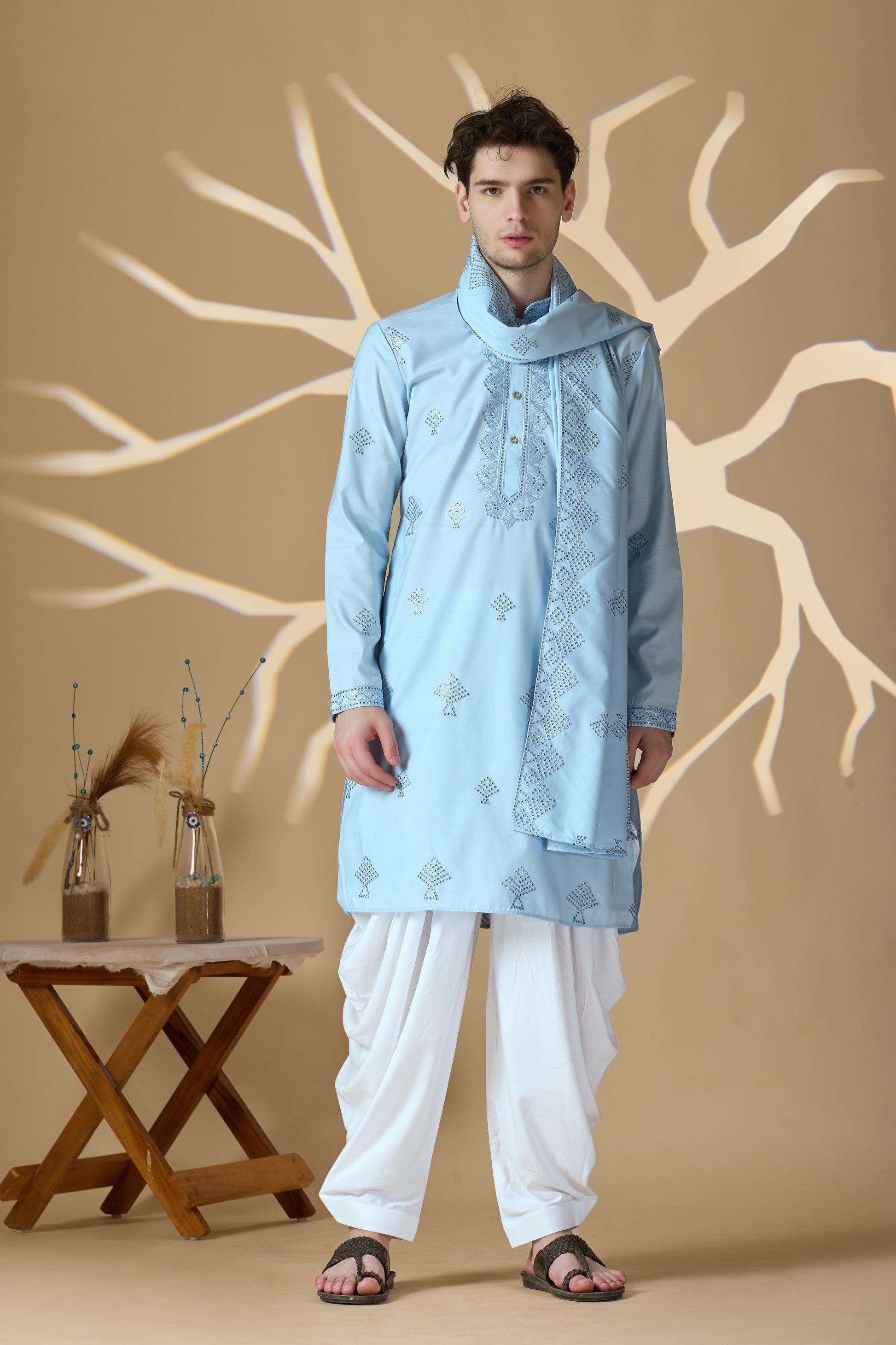 Sky Blue Embroidered Kurta With Dupatta And Patiala Pant Set