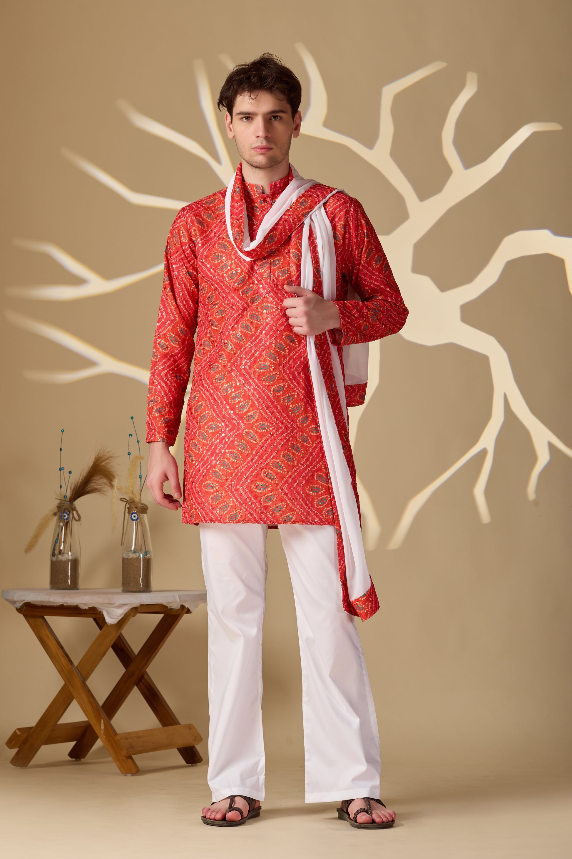 Bright Orange Bandhani Printed SHORT Kurta+Dupatta+pant set