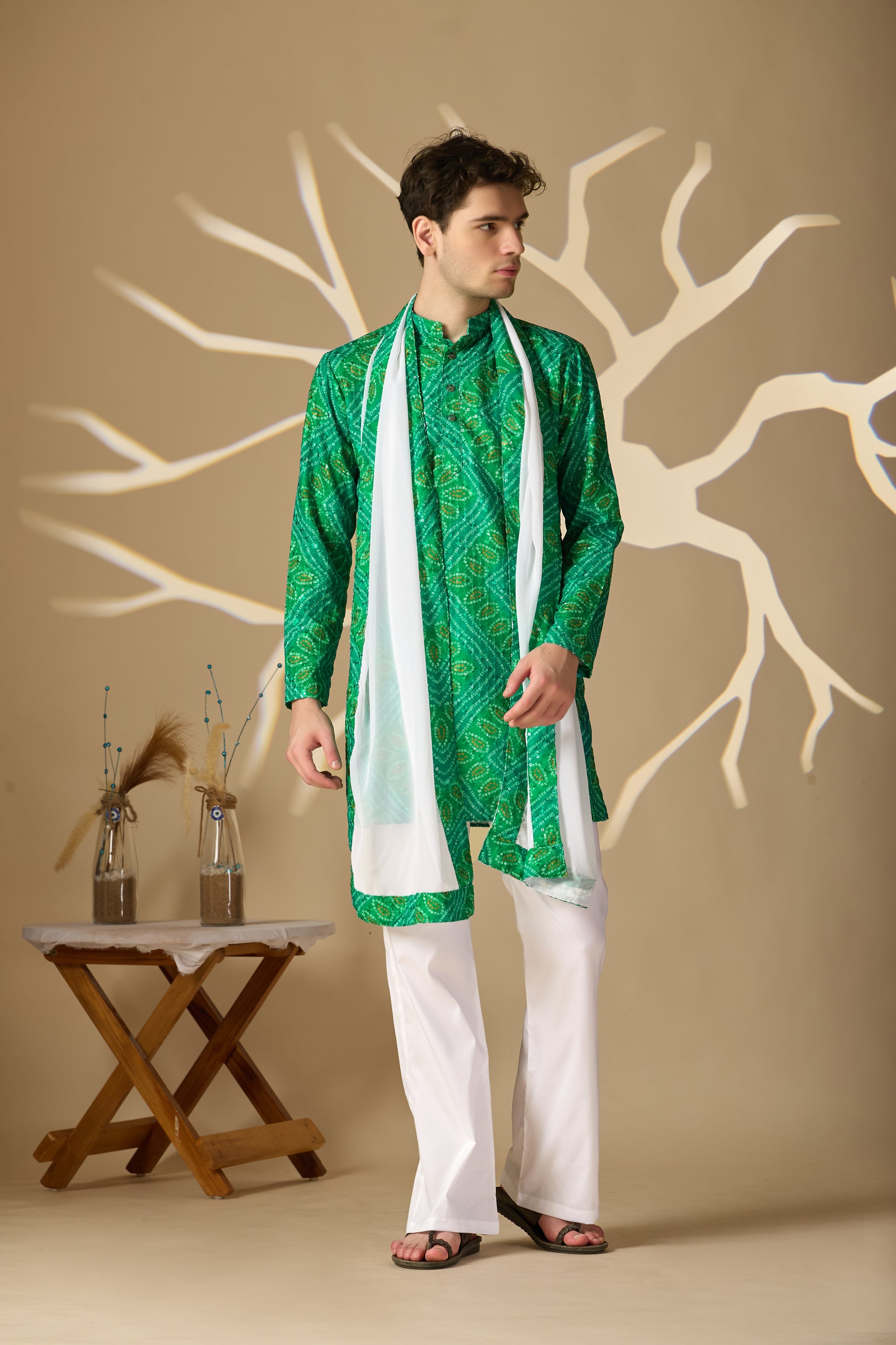 Green Bandhani Printed SHORT Kurta+Dupatta Set