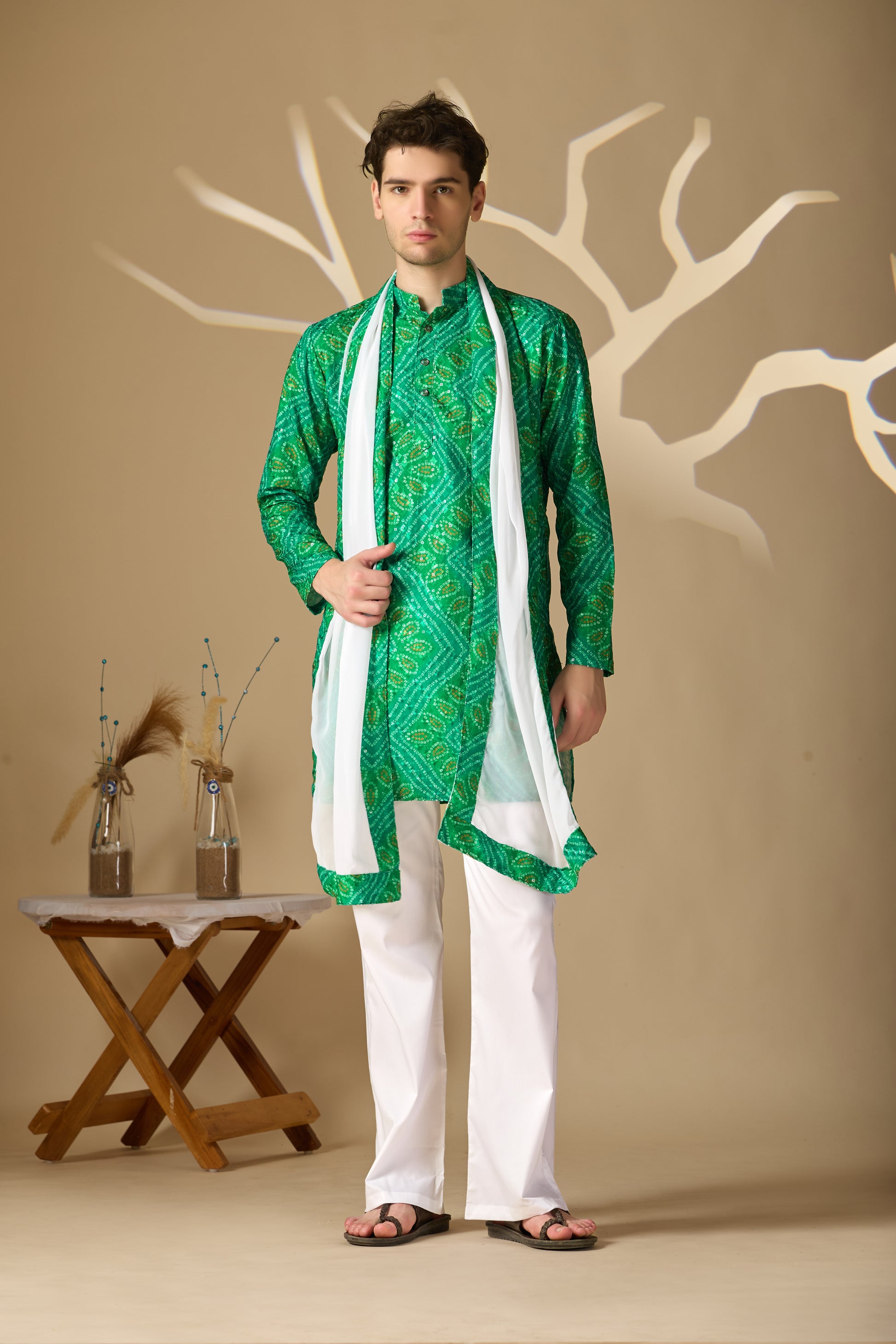 Green Bandhani Printed SHORT Kurta+Dupatta Set