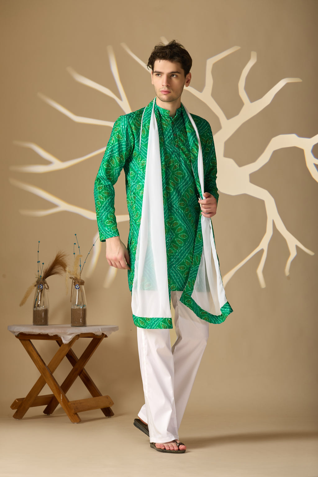 Green Bandhani Printed SHORT Kurta+Dupatta Set