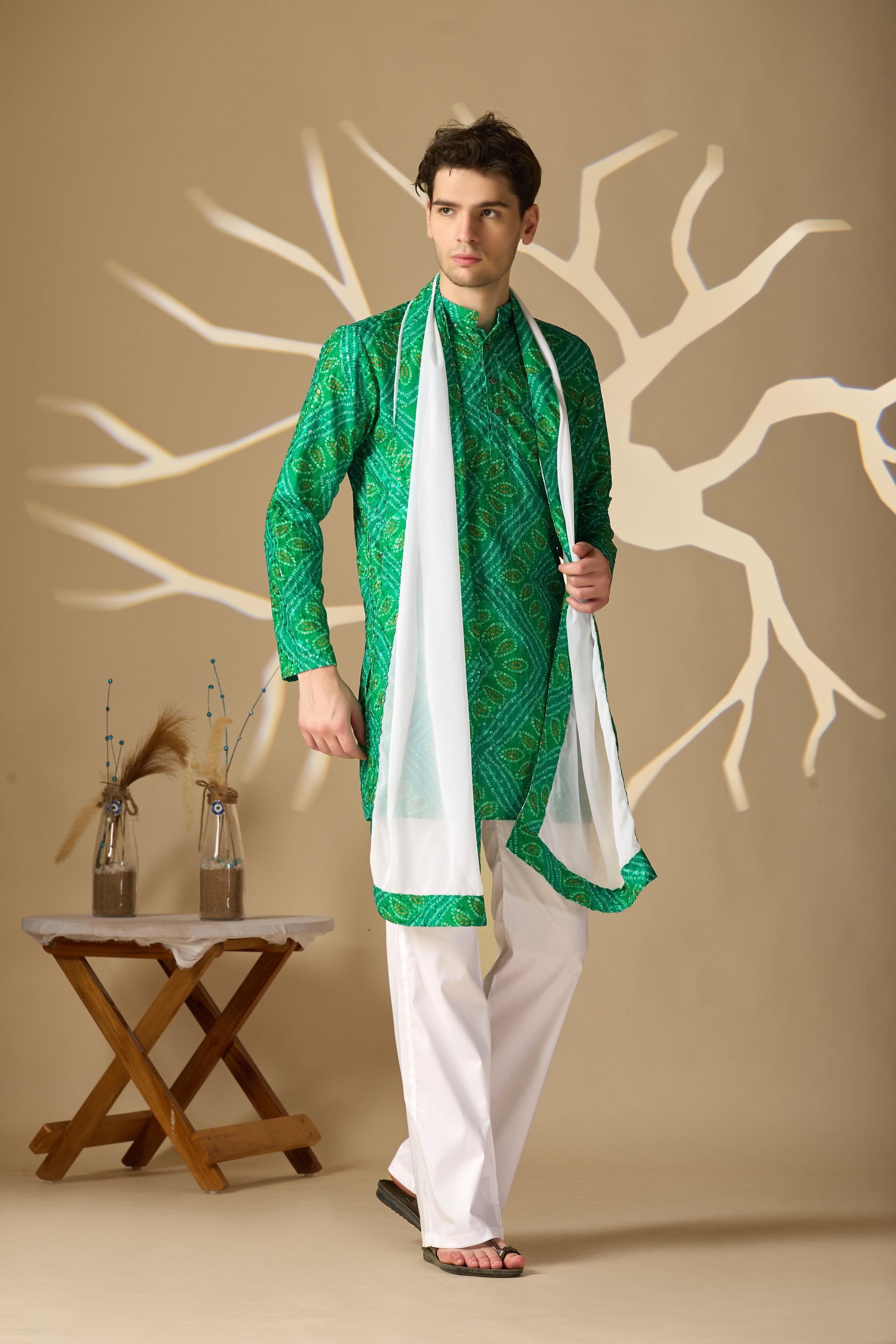 Green Bandhani Printed SHORT Kurta+Dupatta Set