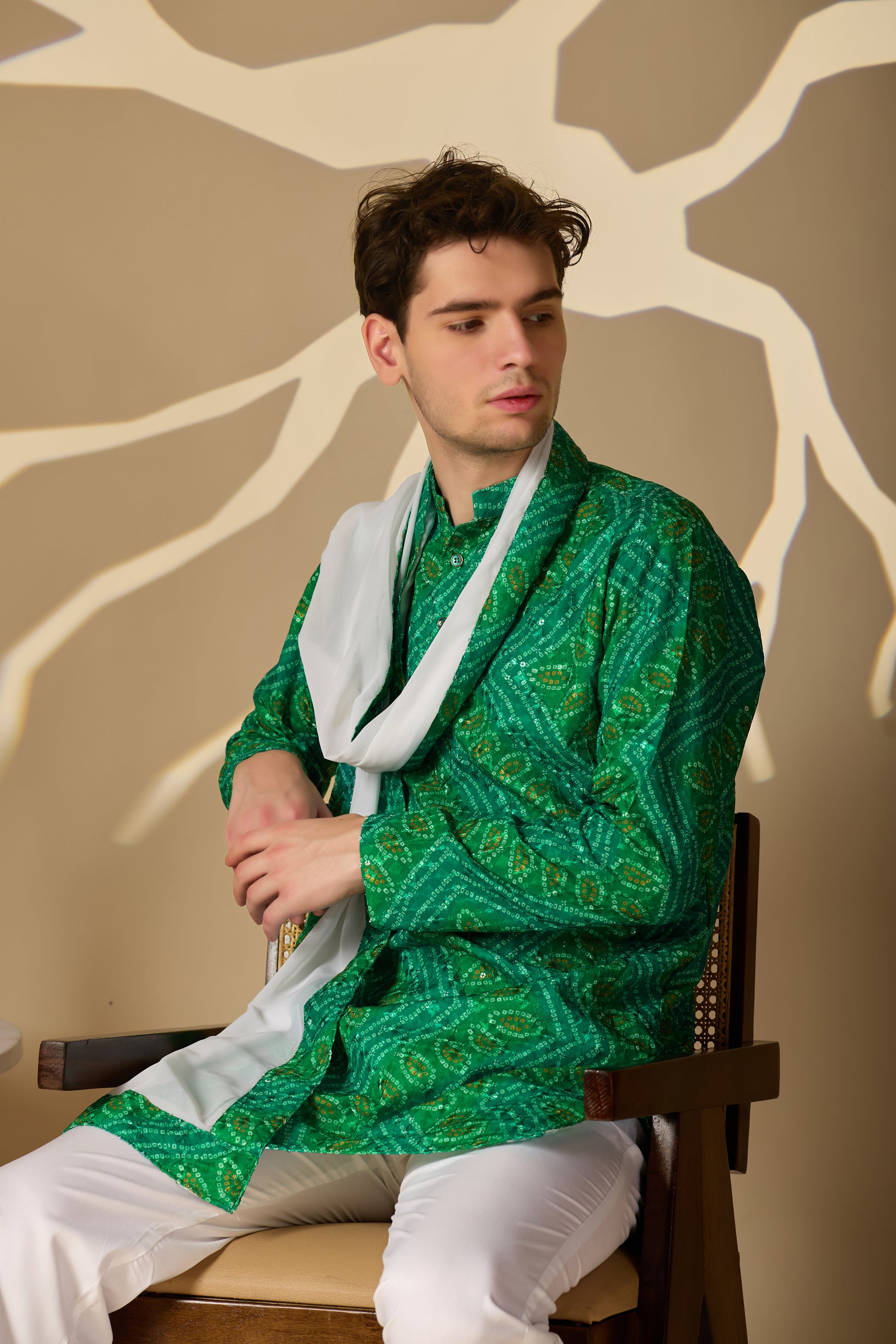 Green Bandhani Printed SHORT Kurta+Dupatta Set