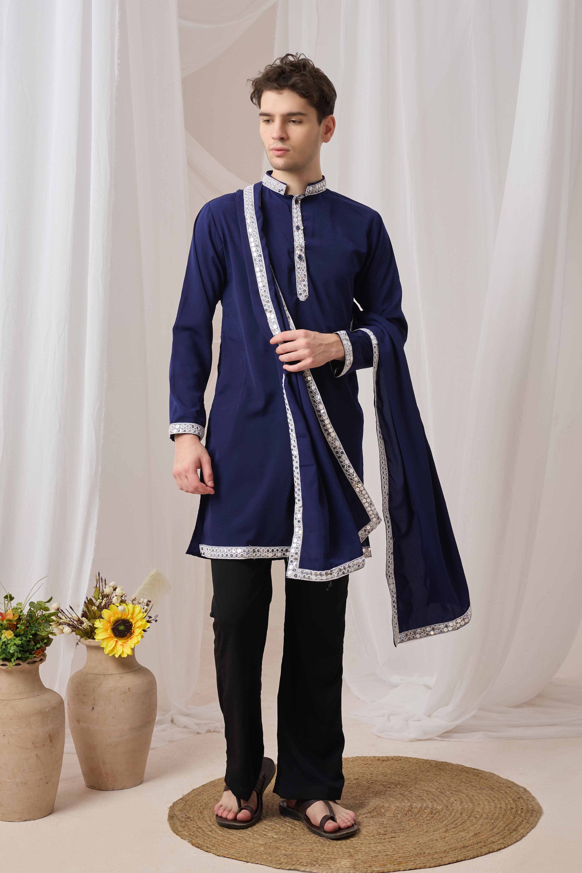 Navy Blue Short Kurta Plus Dupatta Set